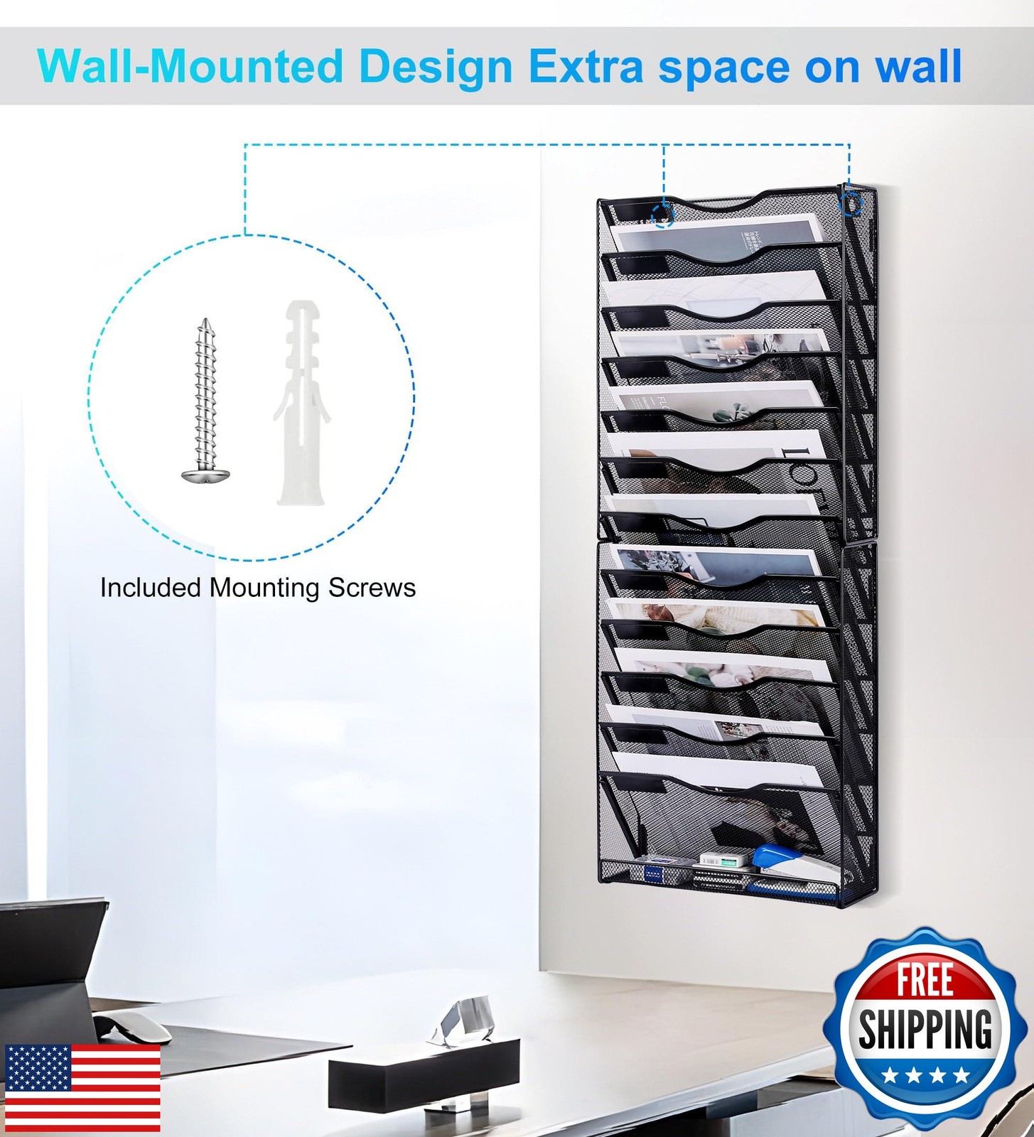 Solinxe 12-Tier Wall File Organizer, Mesh Mail Organizer Wall Mounted Paper D