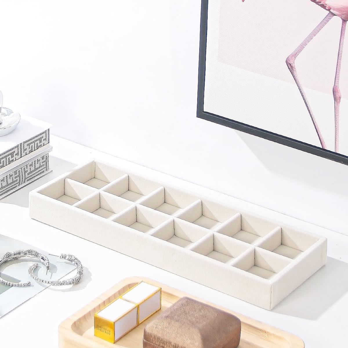 2Pcs Desk Drawer Storage Tray, Nightstand Organizer 12 Grid, Beige