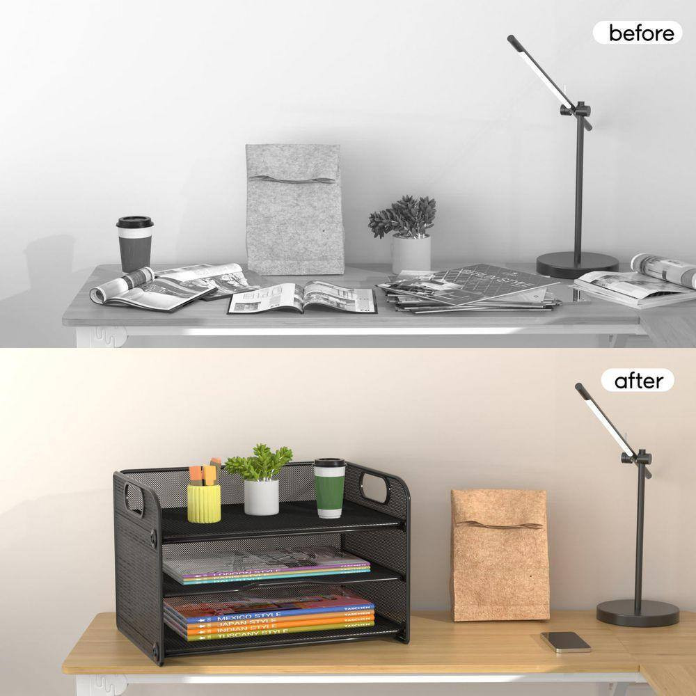 Black 12.8 In. X 1 1.22 In. Mesh 3-Tier Letter Tray Paper Organizer with Handle