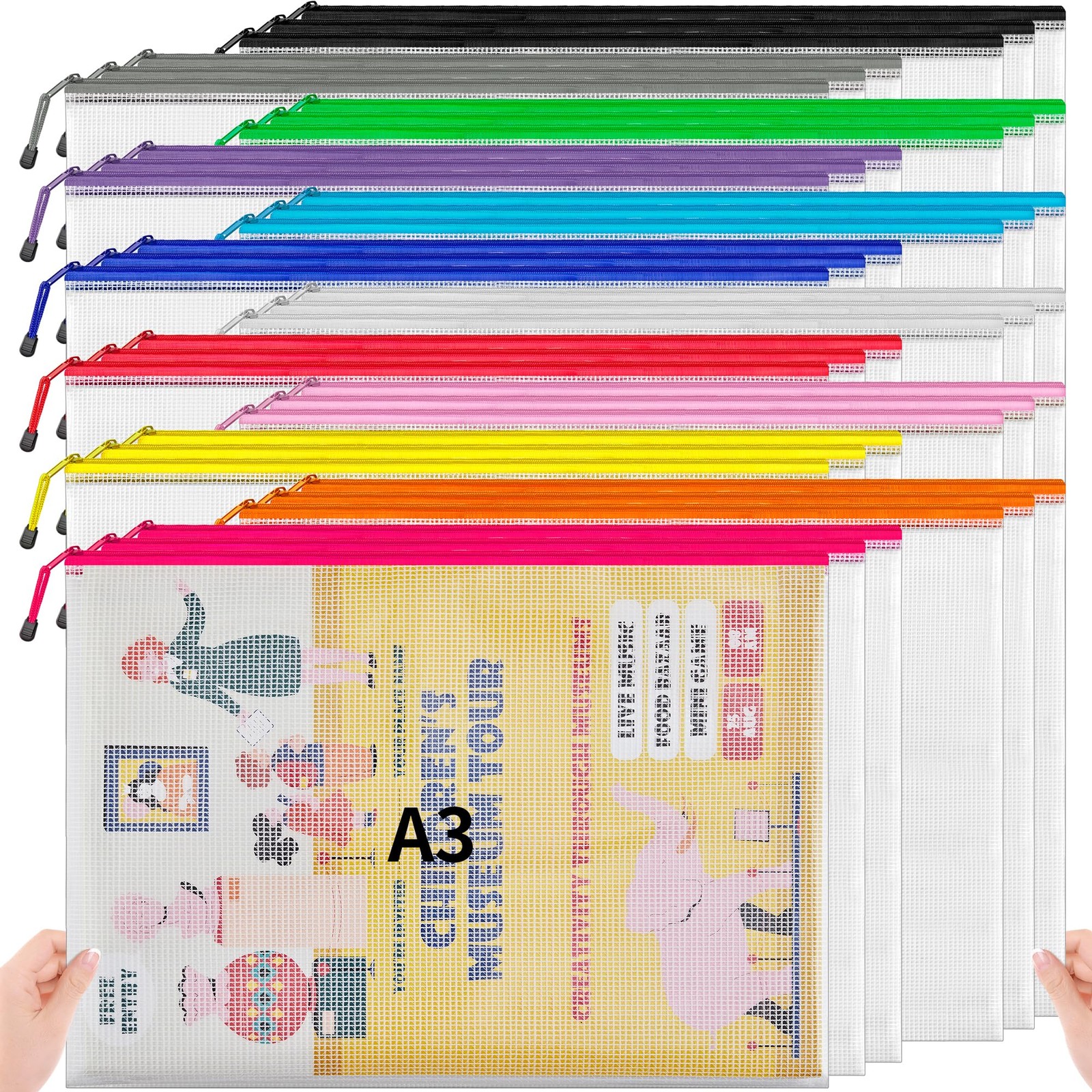 A3 (16.5×12.6 in, 36 Pcs) Mesh Zipper Pouch, 12 Colors Extra Large Zipper Bag…