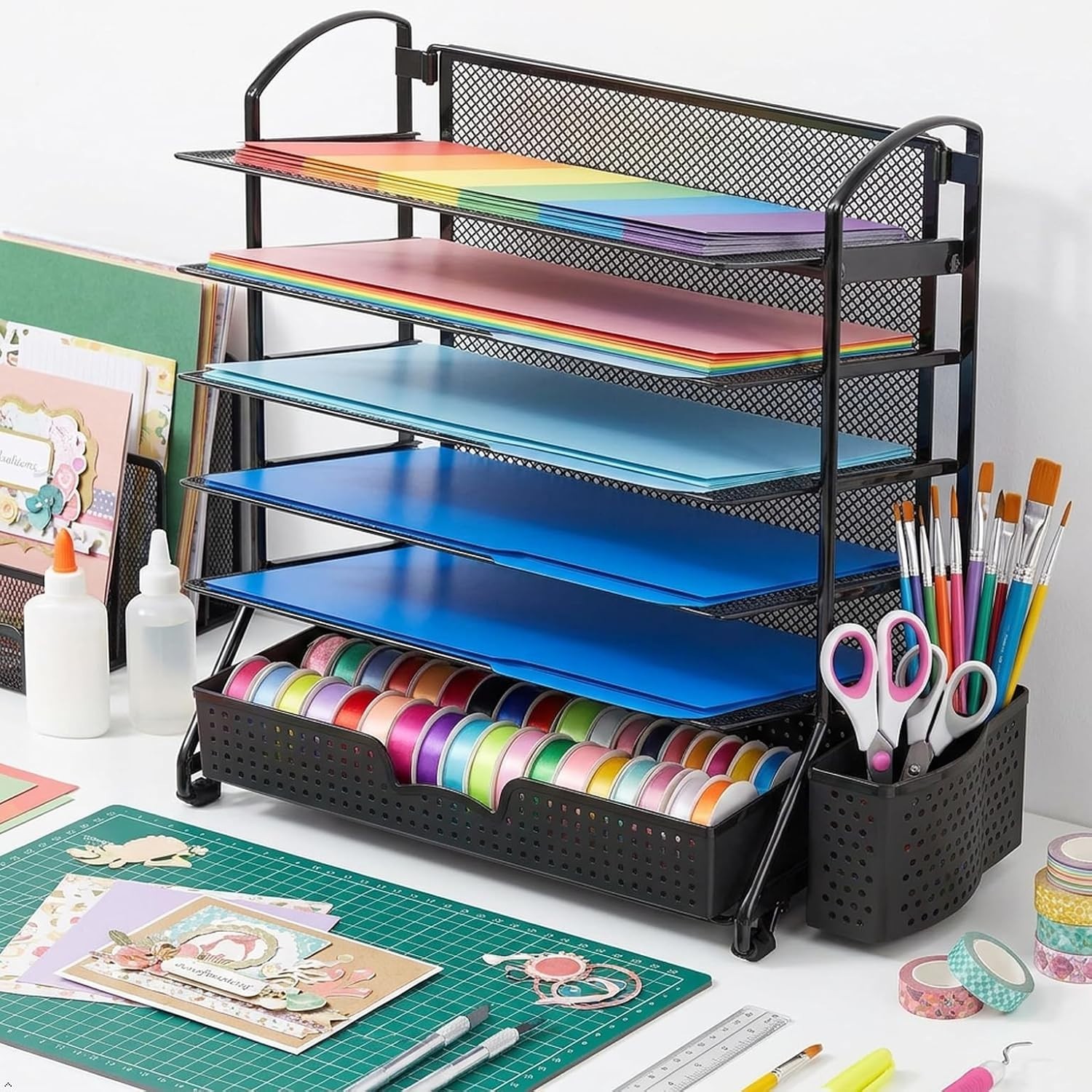 6-Tier Desk Document File Tray Organizer with Supplies Sliding Drawer, Black