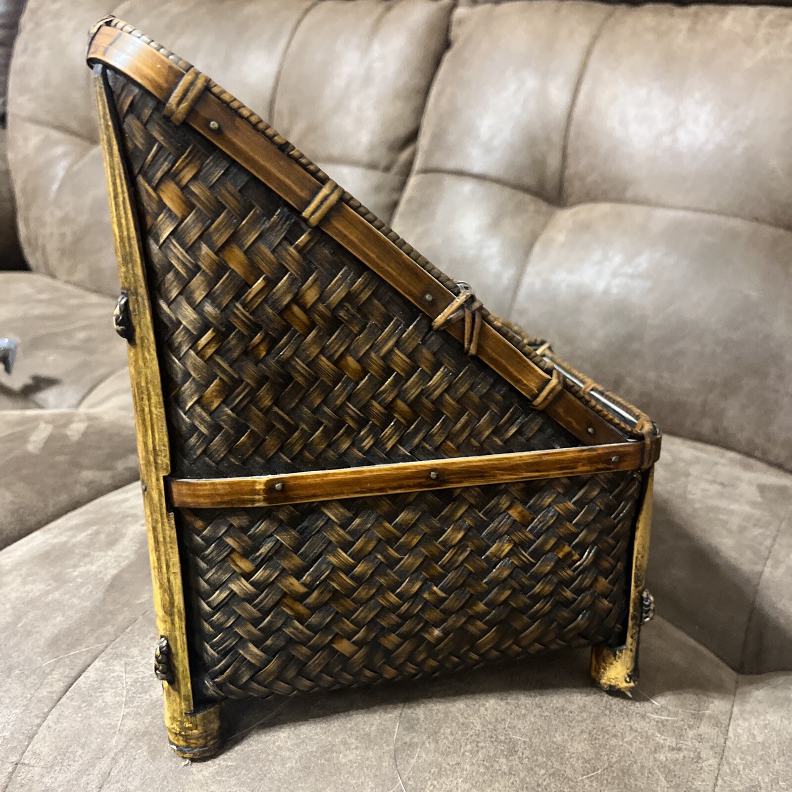 VTG Pier1 Rattan Wicker Desk Organizer Dark Wood 15.5” x 8” File And Pen Holder