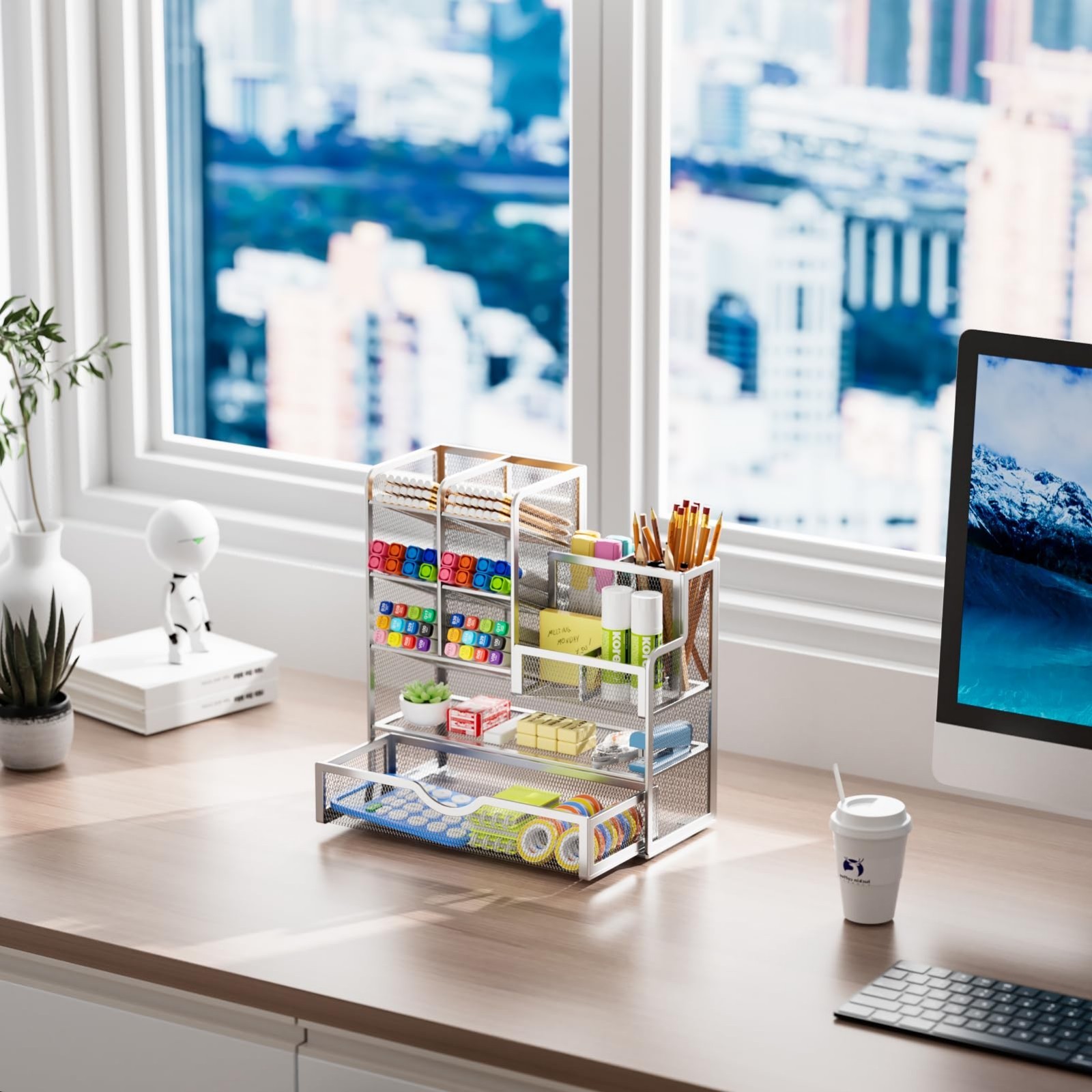 Multi-Functional Mesh Pen Holder with Drawer, Desk Organizer for Office Supplies