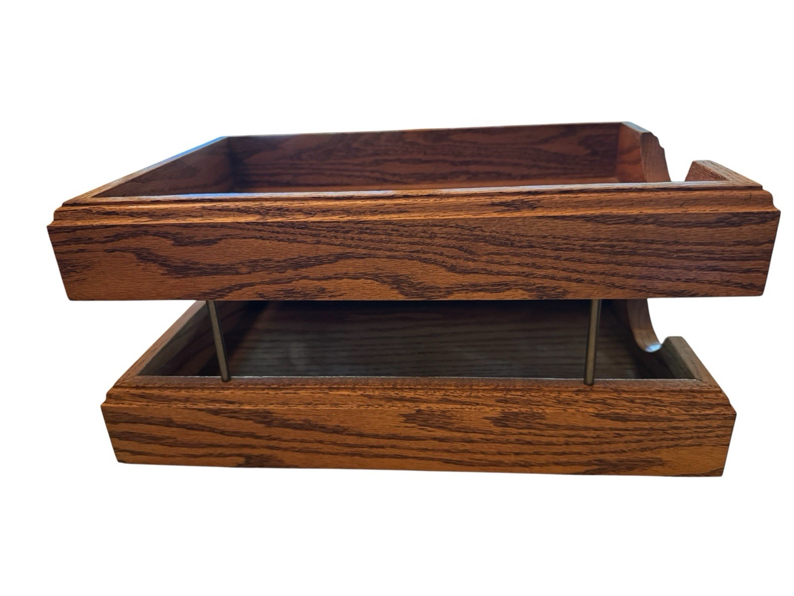 Mid Century Vintage Solid Oak 2 Tier Legal Letter Document Tray Desk Organizer