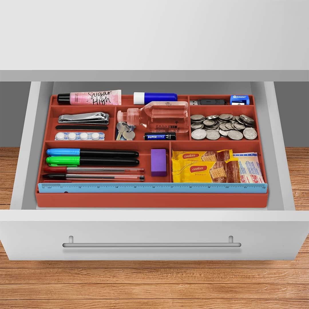 8 Compartment Plastic Desk Drawer Organizer Tray 12.75x8x1.06 Inch Red Color
