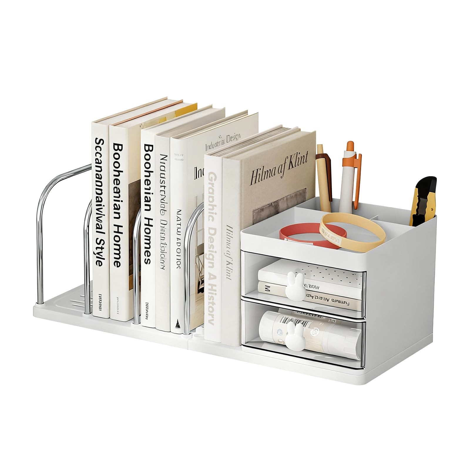 Desk Organizer with 2 Drawer, Desktop File 4 Bookends, White