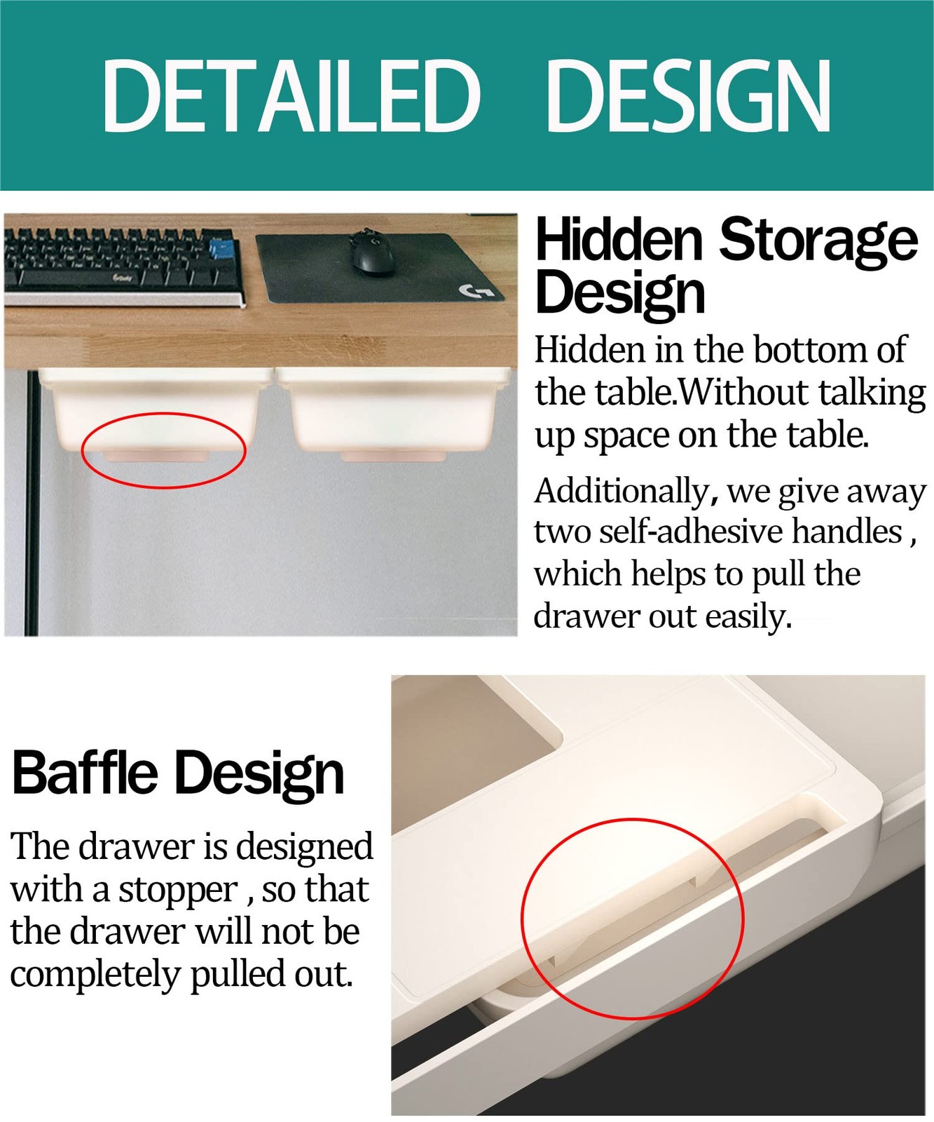 2Pack Under Table Desk Drawer Storage Organizer Slide Out, Hidden Self-Adhesi