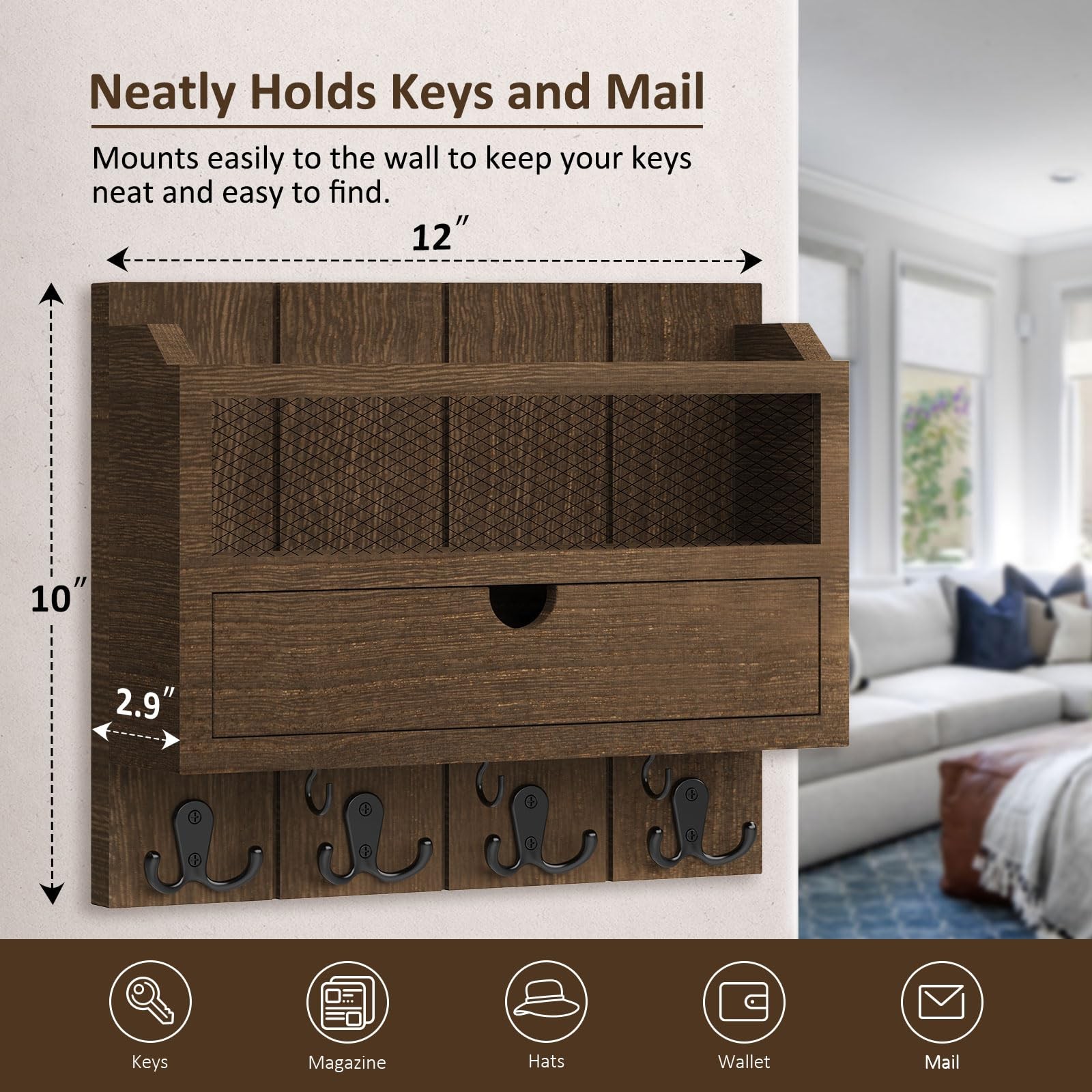 Organizer with Drawer for Wall 12″W x 10″H x 3.1″D Sorter Wall Mounted Wooden…