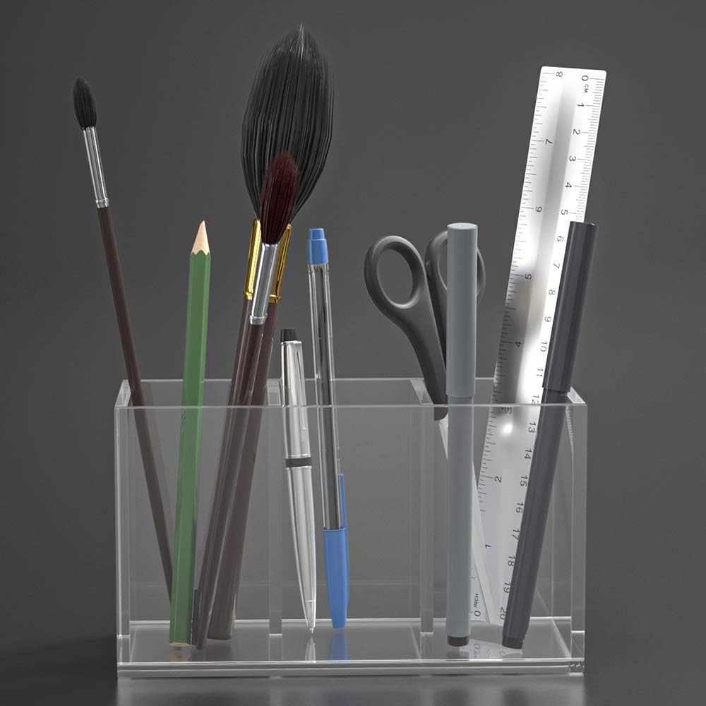 Acrylic Pen Holder 3 Compartments, Clear Pencil Organizer Cup for Countertop Des