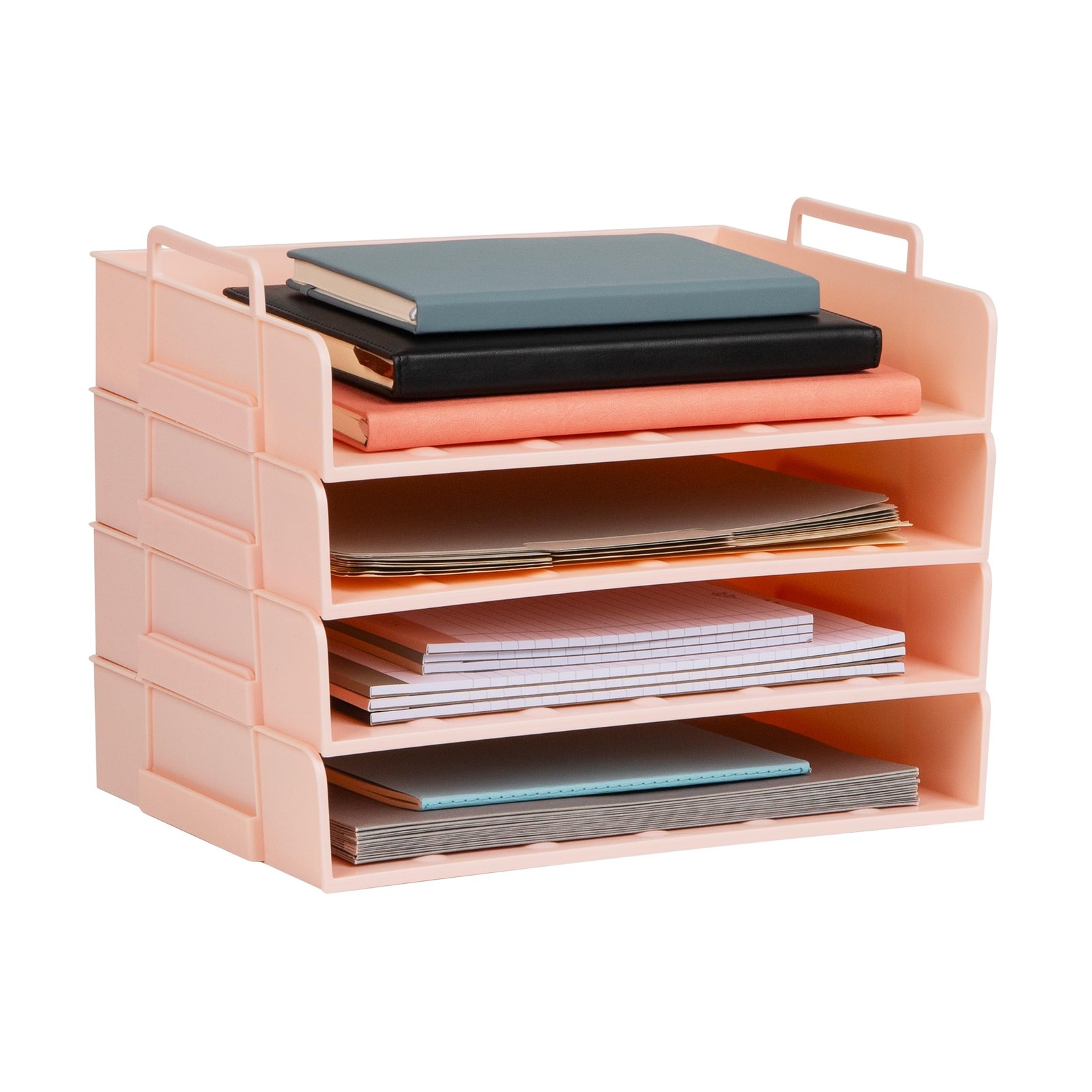 4 PCS Pink Stackable Paper Tray Desk Organizer File 13.75x10x10.75 Inch