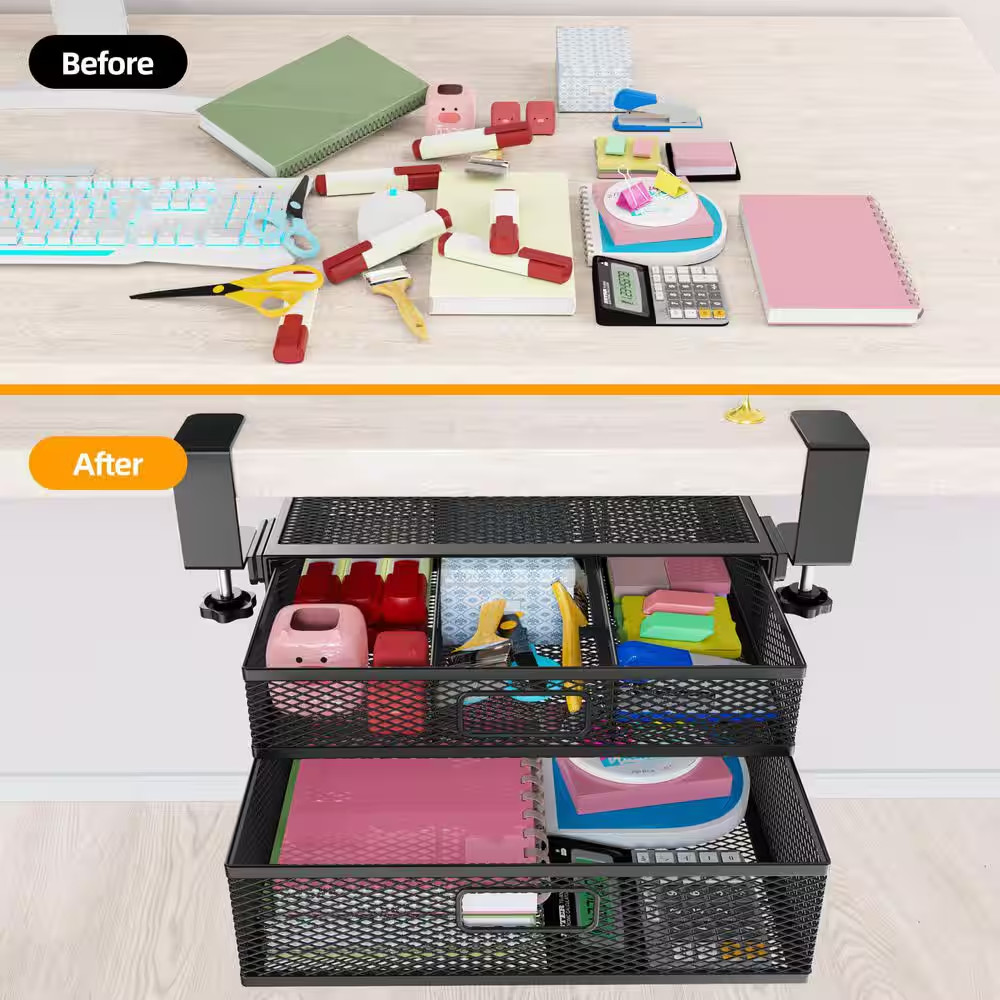 Black 15.7 In. X 6.3 In. Metal under Desk Storage Organizer with 2 Sliding Drawe