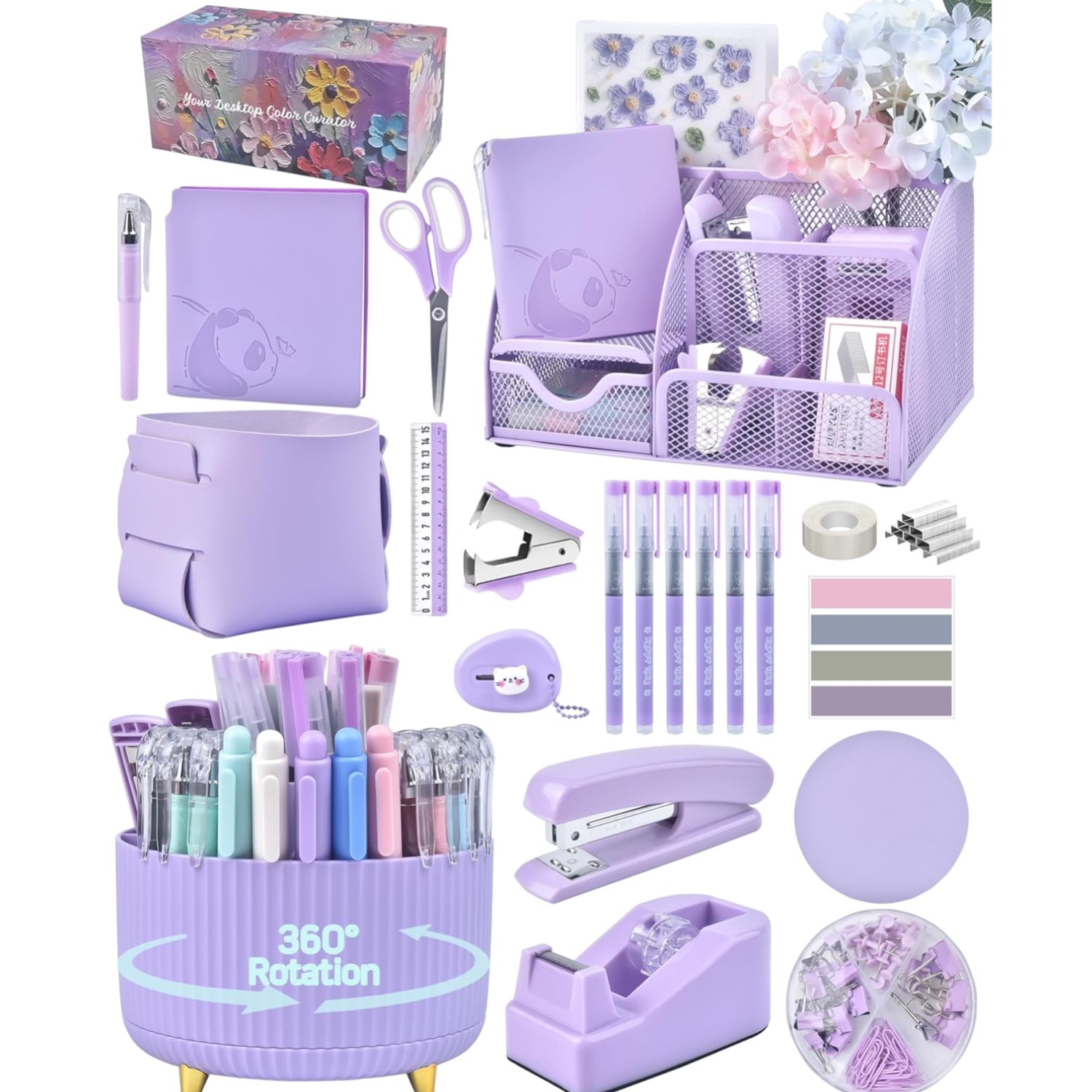 Elegant Purple Desk Accessories Set – 22 Essentials with 360° Rotating Holder