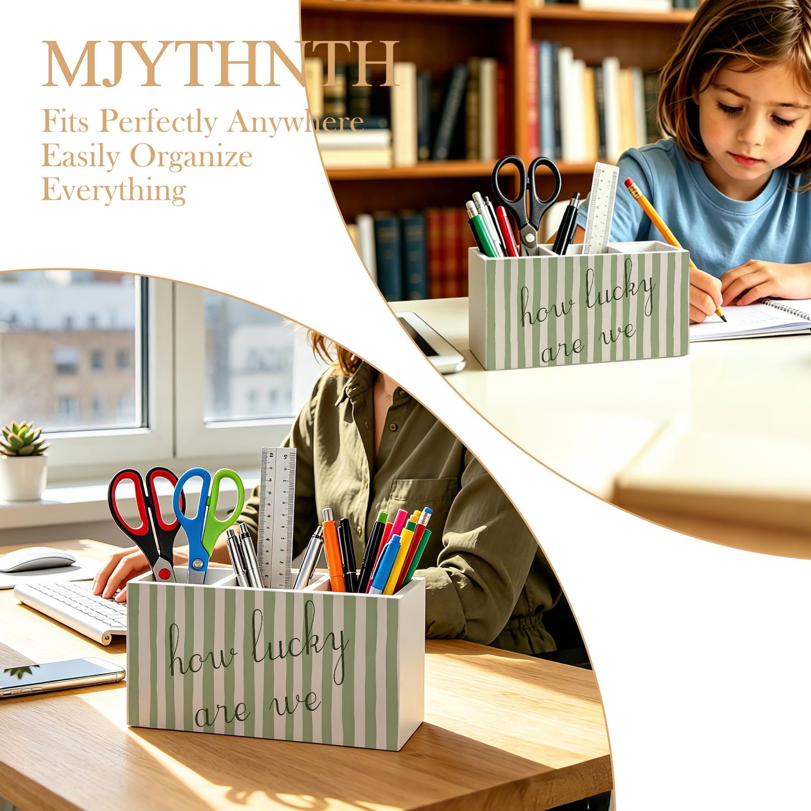 How Lucky Are We Inspirational Pencil Pen Holder for Desk, Sage Green Striped…