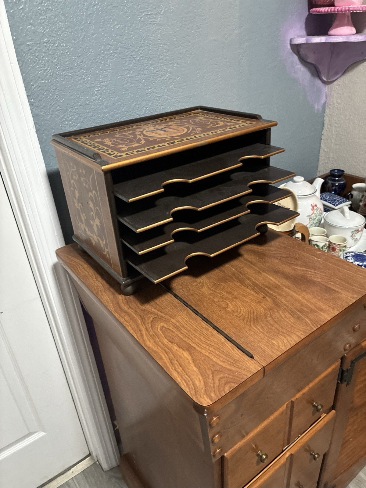 Vintage Inlay, Wood Desktop Organizer Five Trays Four Retractable