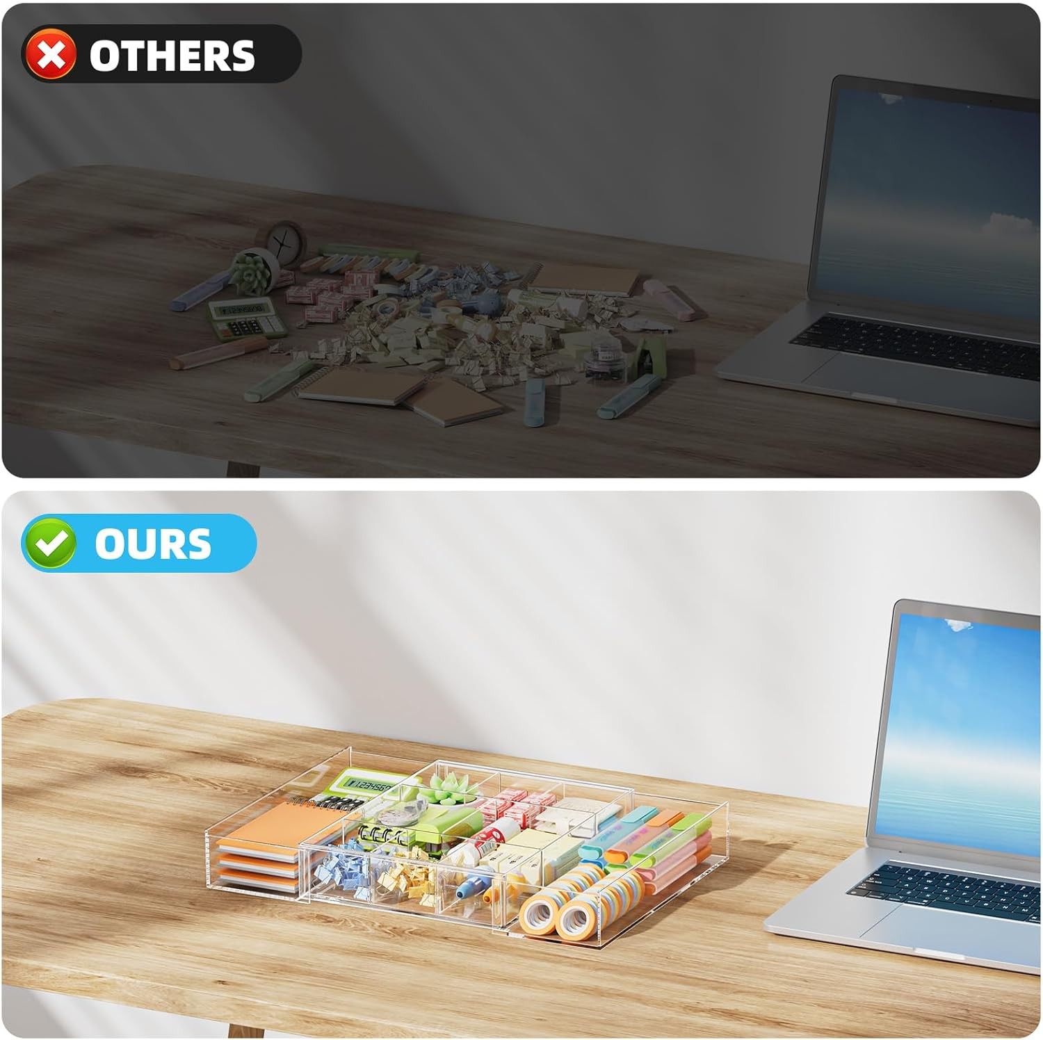 Expandable Desk Drawer Organizer, Clear Plastic Drawer Organizer Tray with 10