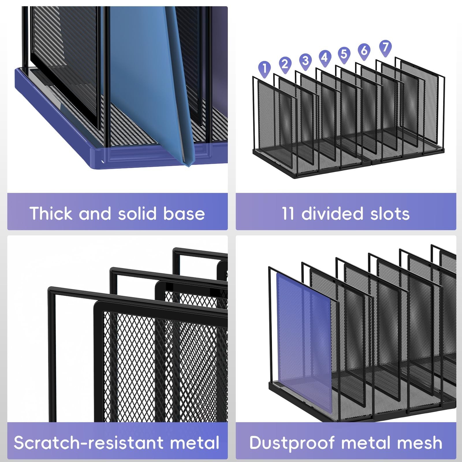 Black 7Section Vertical Desk File Organizer Standing Metal Sorter Paper