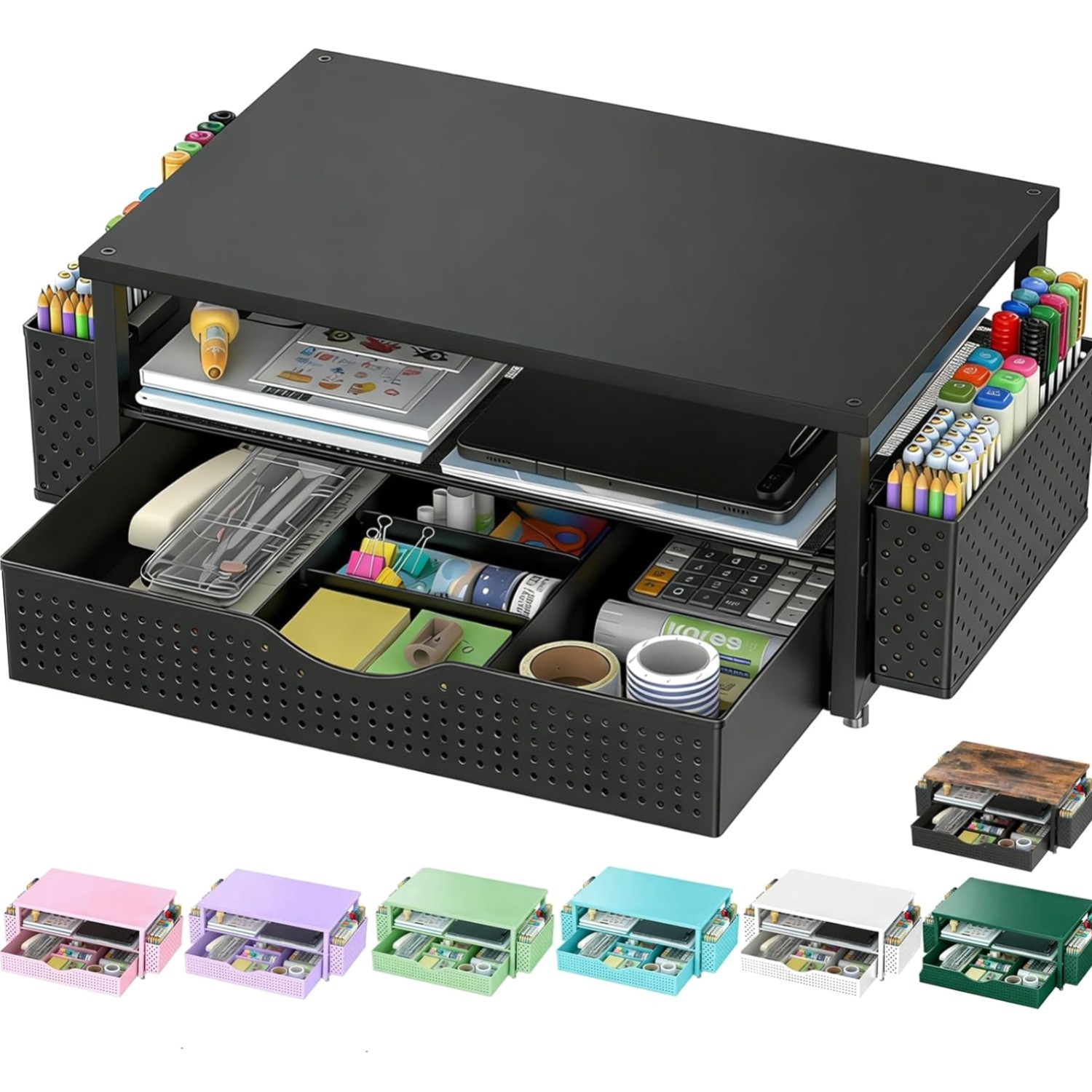 Ergonomic Black Monitor Stand with Drawer & 2 Pen Holders – Desk Organizer