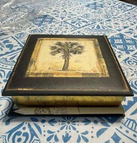 Square Desk Notepad Palm Tree Hard Cover Gold Trim with Pencil