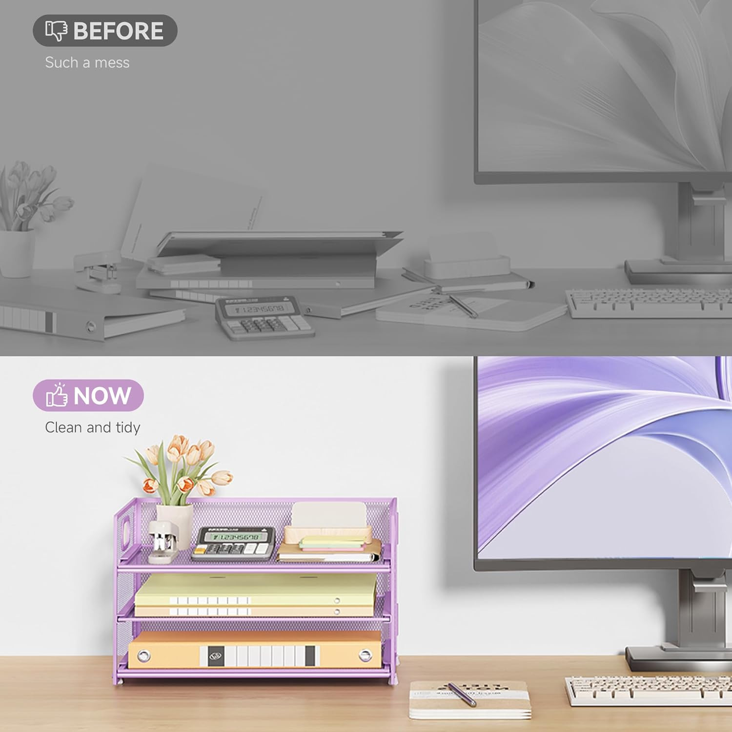 3 Tier Letter Tray Paper Organizer with Handle and 1 PC Sliding Tray, Purple Met
