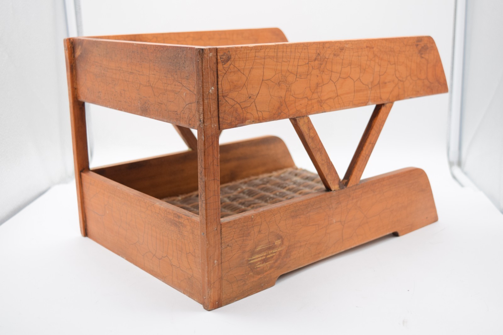 Vintage Wood Letter Tray Desk Organizer Woven Rattan 2 Tier Office Holder