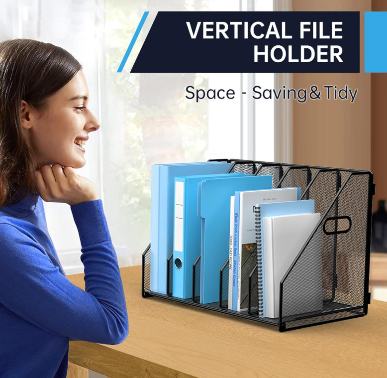 Organizador escritorio metal 5 compartimentos vertical oficina hogar negro,Nuevo