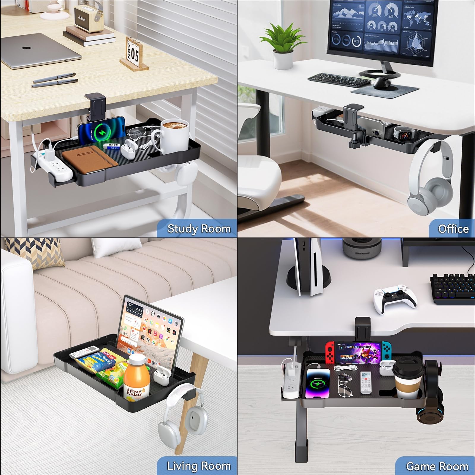 360° Rotating Under Desk Organizer with Headphone Hook, Phone Holder & Cup Holde
