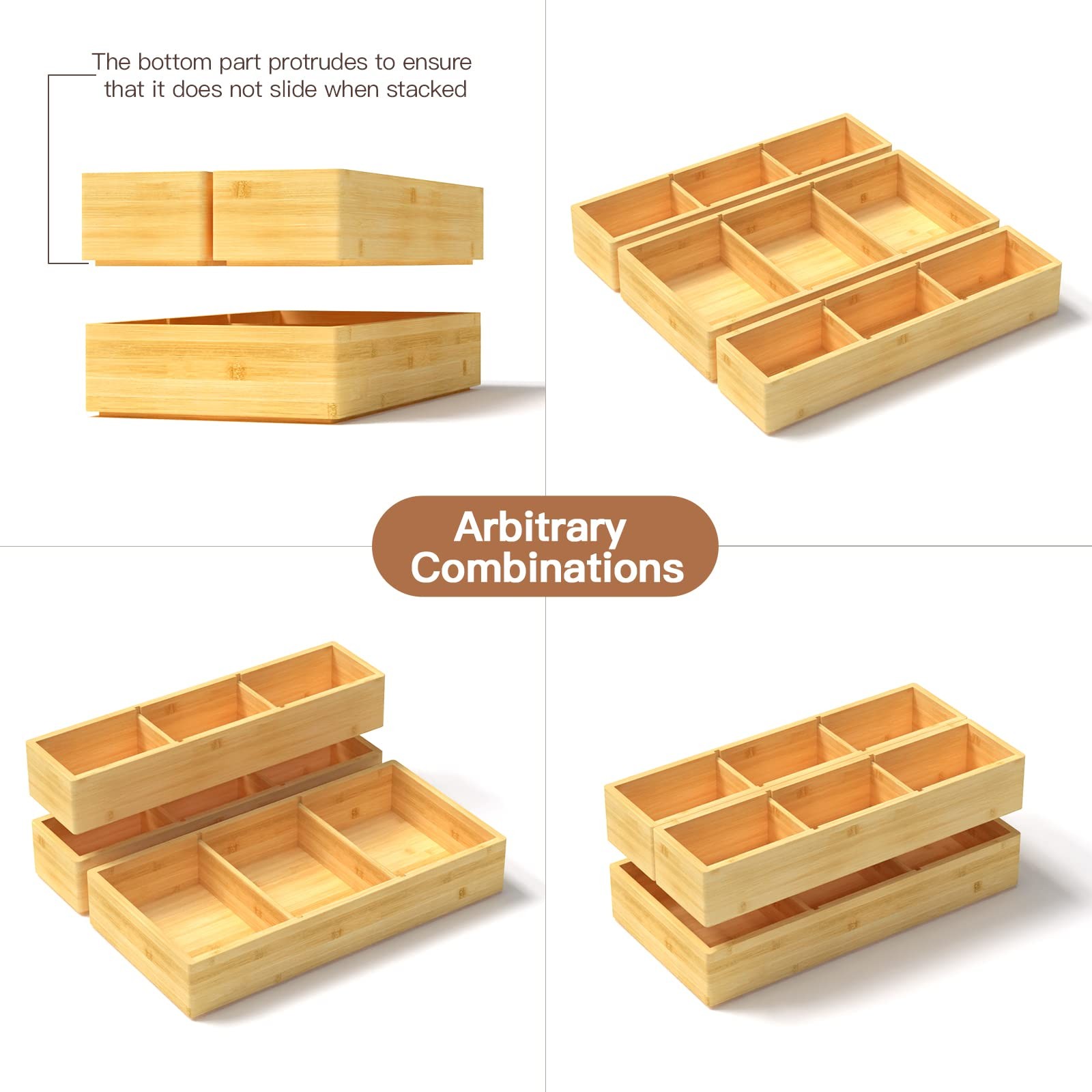 DUJEN Bamboo Drawer Organizer 1 piece 12.5X6.2 & 2 pieces 12.5X3.1, BAMBOO