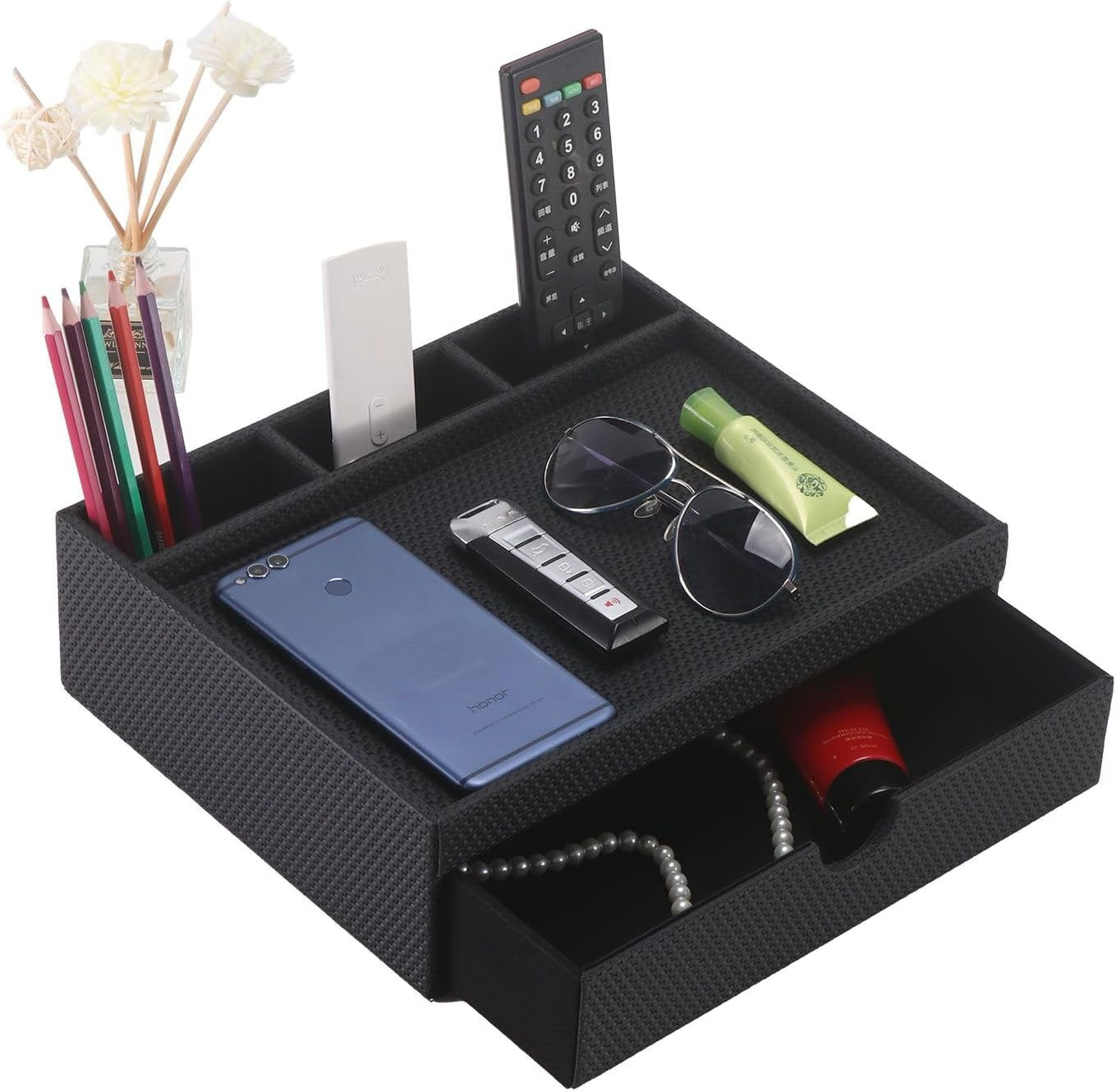 Stylish Black Leather Desk Organizer with Drawers & Dividers for Home & Office