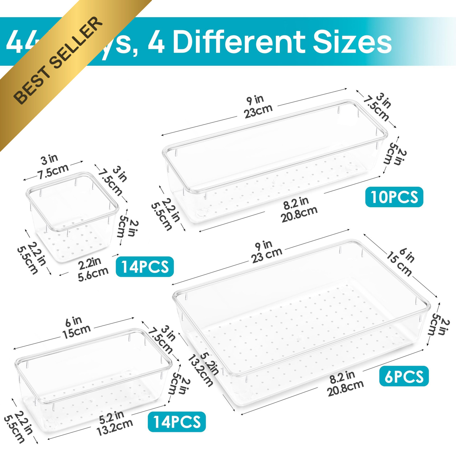 Vtopmart 44pc Clear Drawer Organizer Set 4 Size Plastic Vanity Makeup Storage