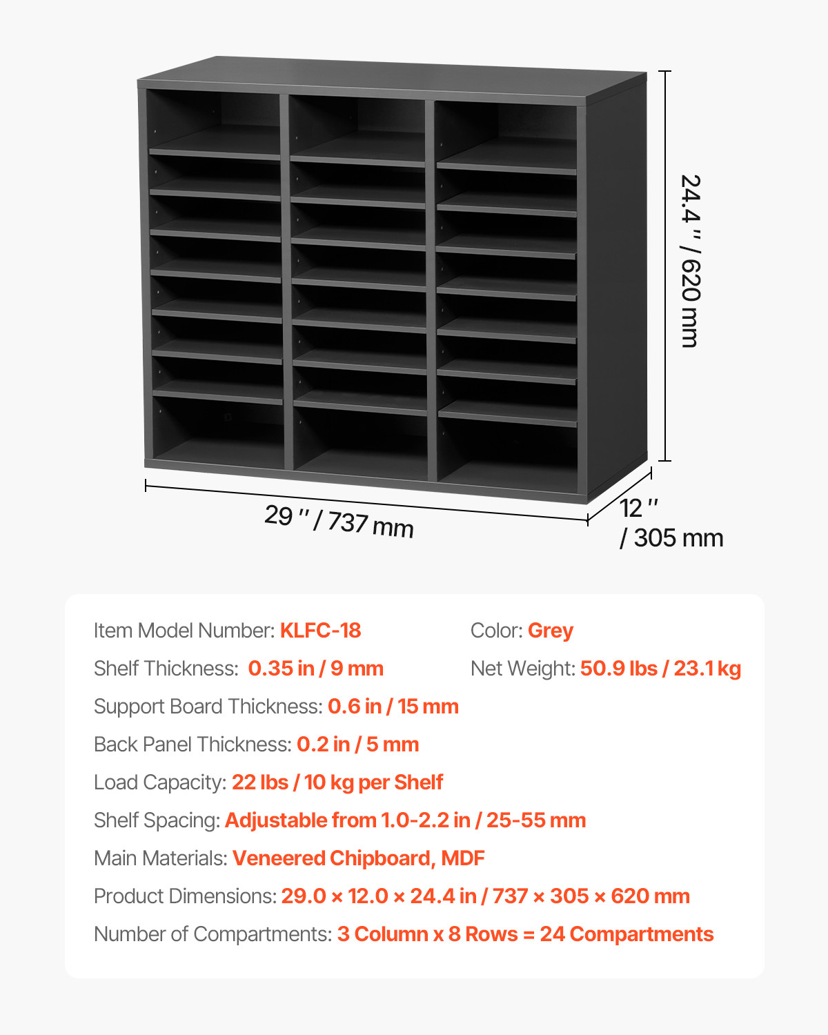 Wooden Literature Organizer 24 Compartments with Adjustable Shelves Grey