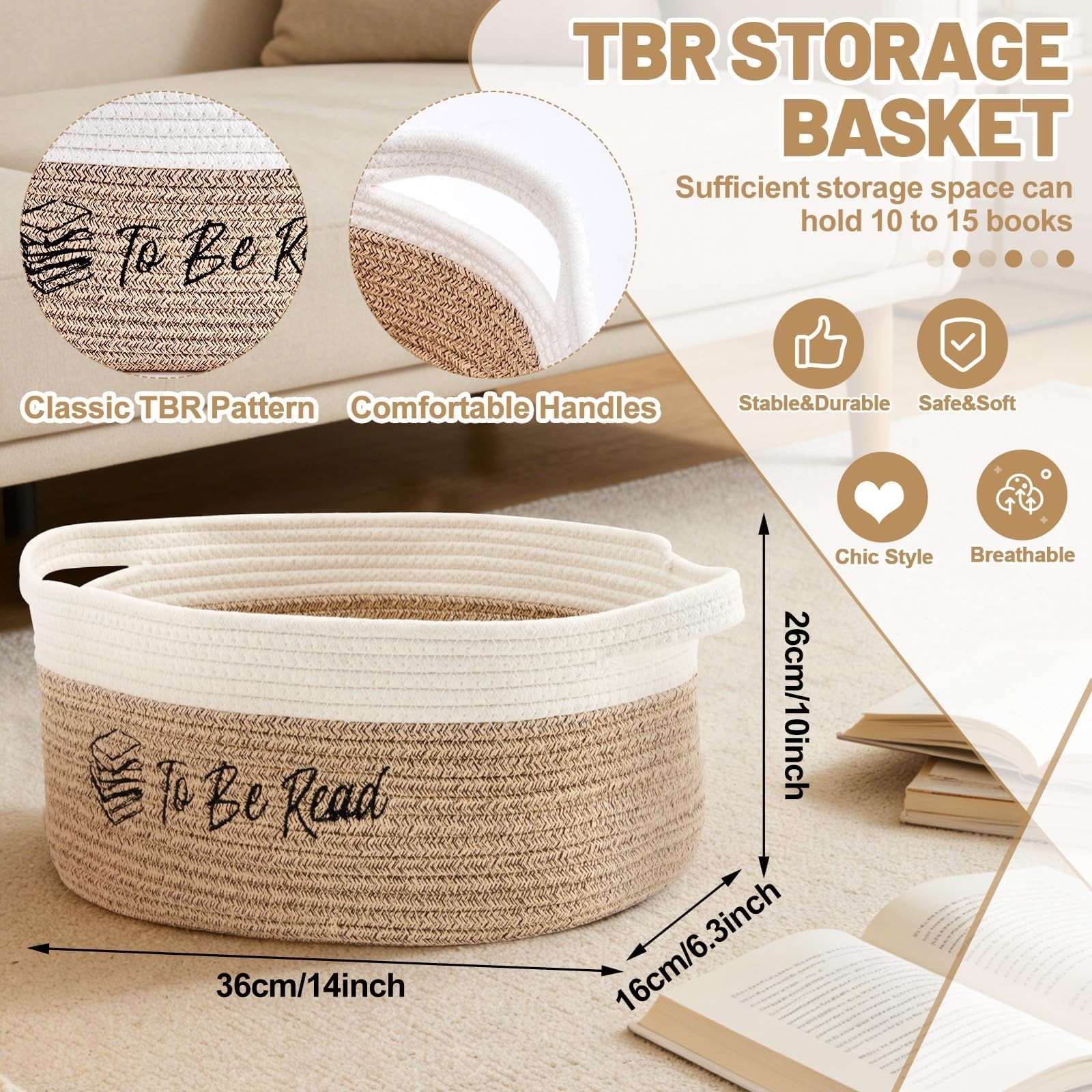 TBR To Be Read Book Storage Basket Lover Gift Decorative Woven Box Organizer