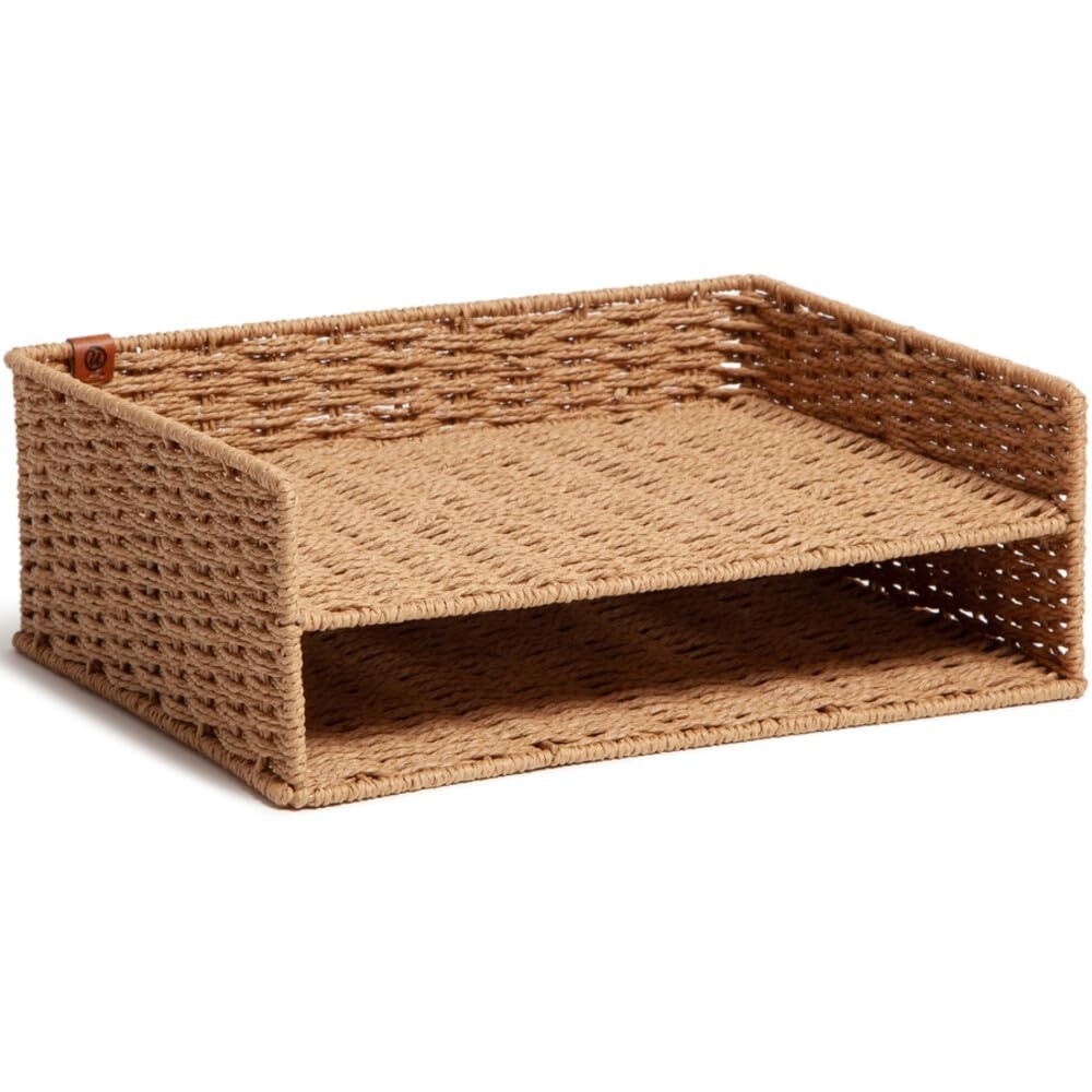 U Brands Woven Two-Tier Paper Tray Rattan-Inspired Wicker Style Office