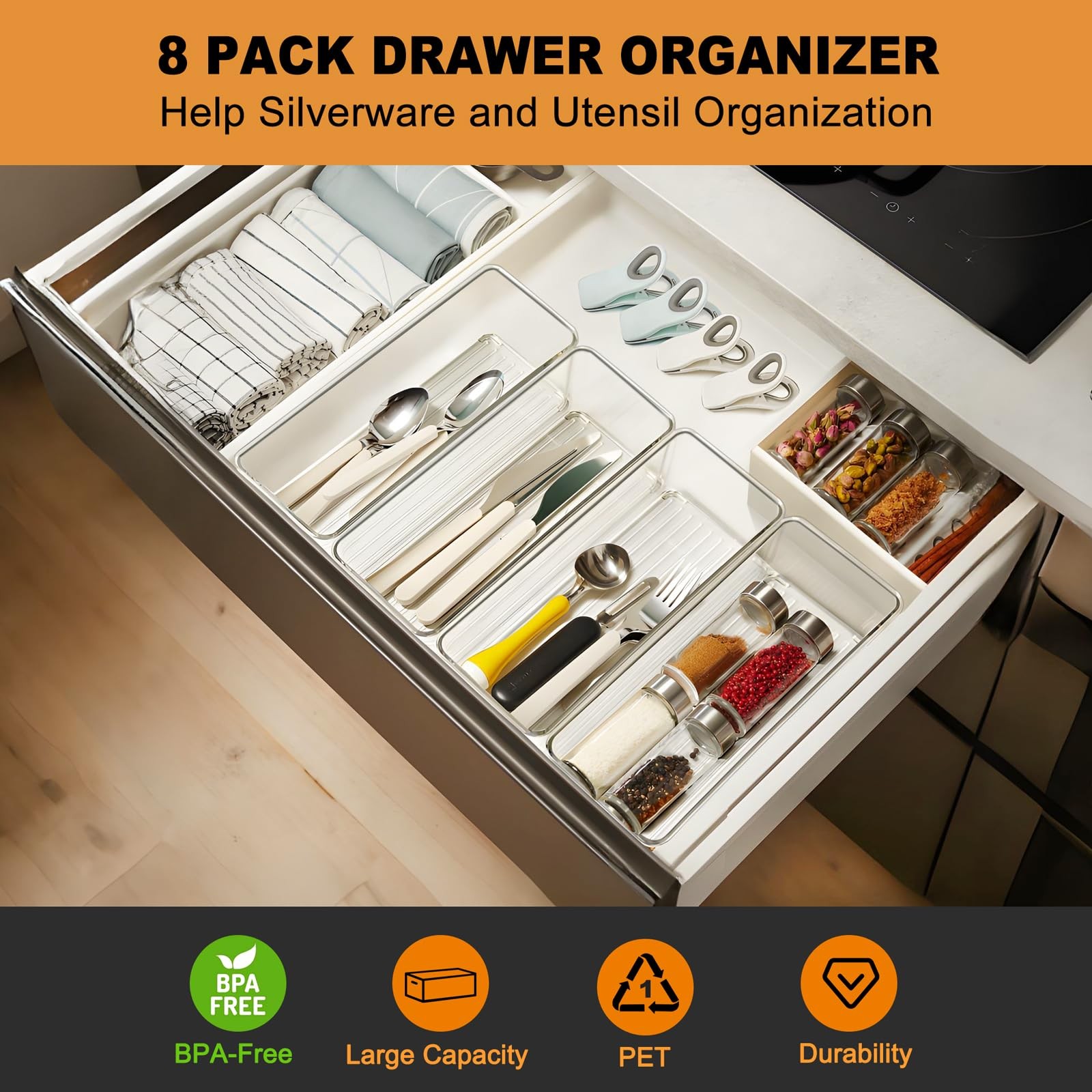 Hudgan 8 Pack Clear Plastic Drawer Organizers Set, 10*4*3/9.6*3.8*2.8,