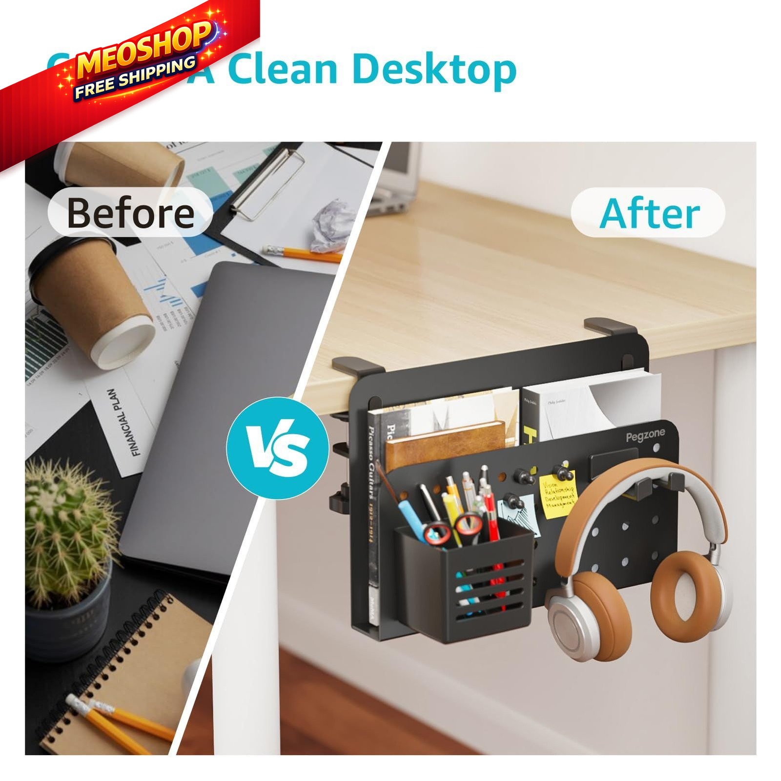 PEGZONE Desk Side Storage Organizer, No Drill 1.8 x 12 x 8.5 inches, Black