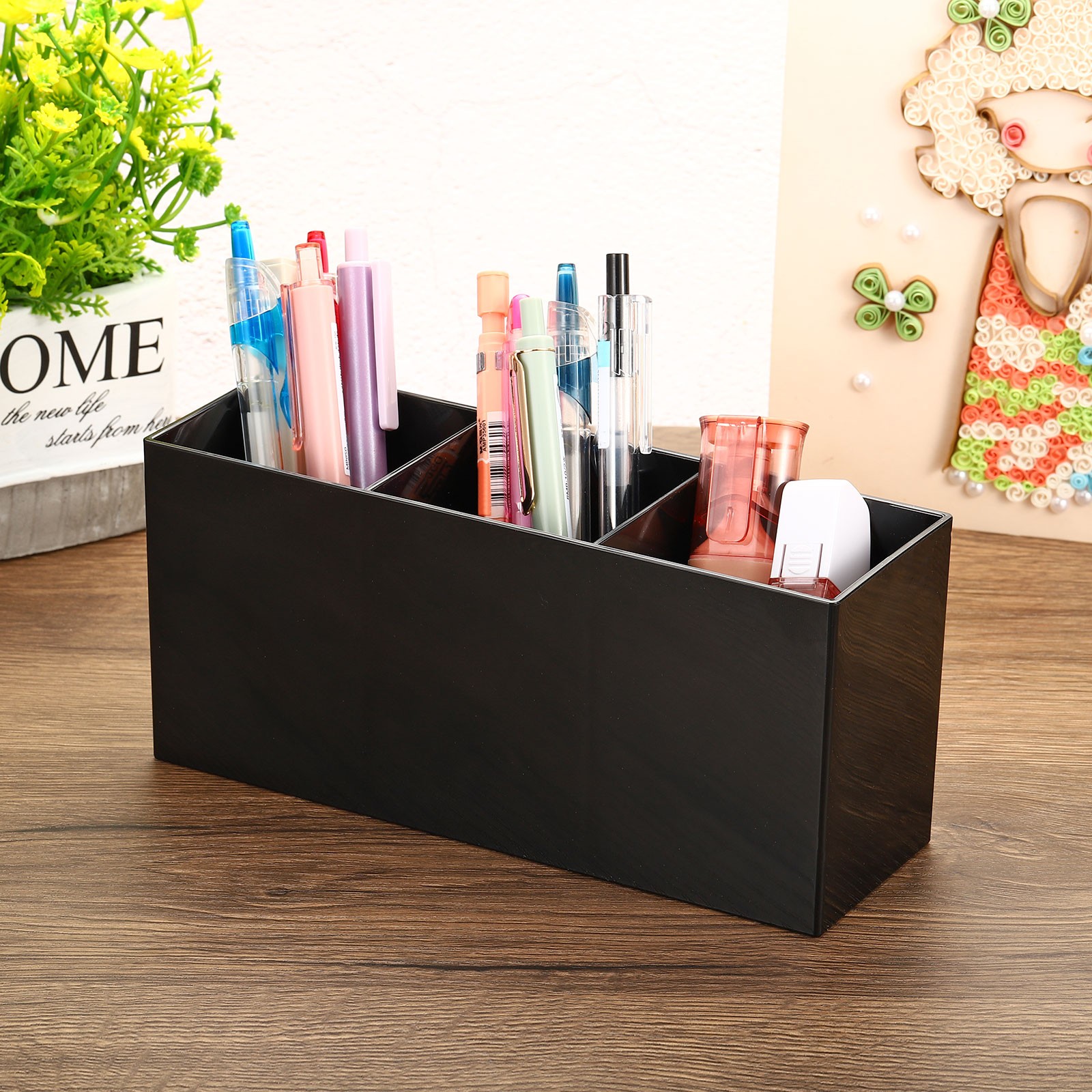 3 Compartments Pen Holder Black Office Clear Acrylic , 1Pcs