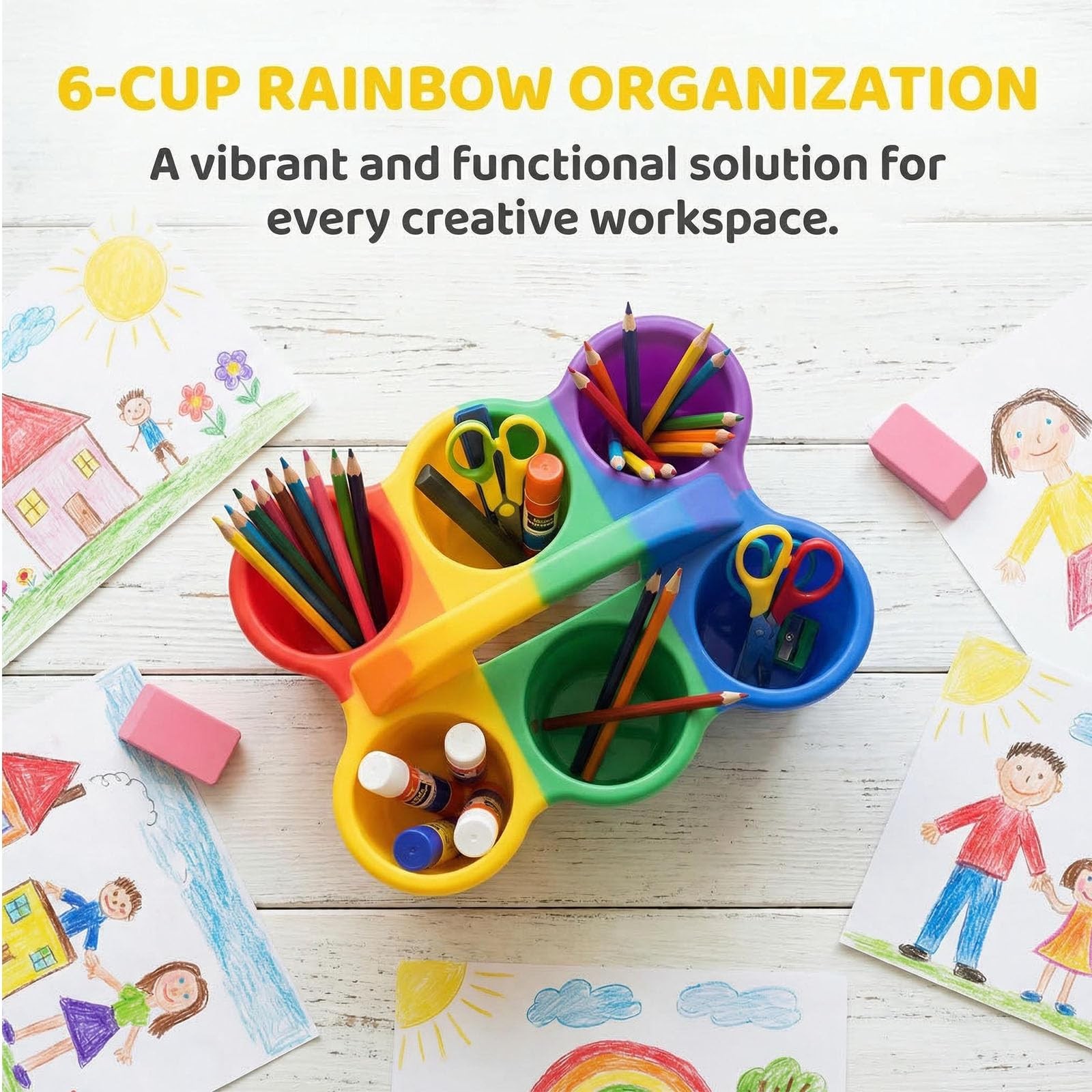 Multicolor Pencil Holders for Desk, 6-Cup Classroom Caddy with Handles, Durab…