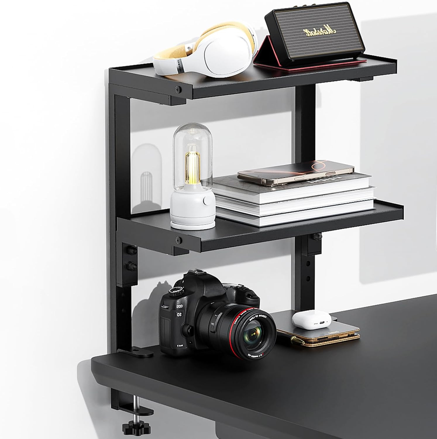 Clamp on Desk Shelf, 2 Tier Office Desk Shelves Organizer, Wood Desktop Supplies
