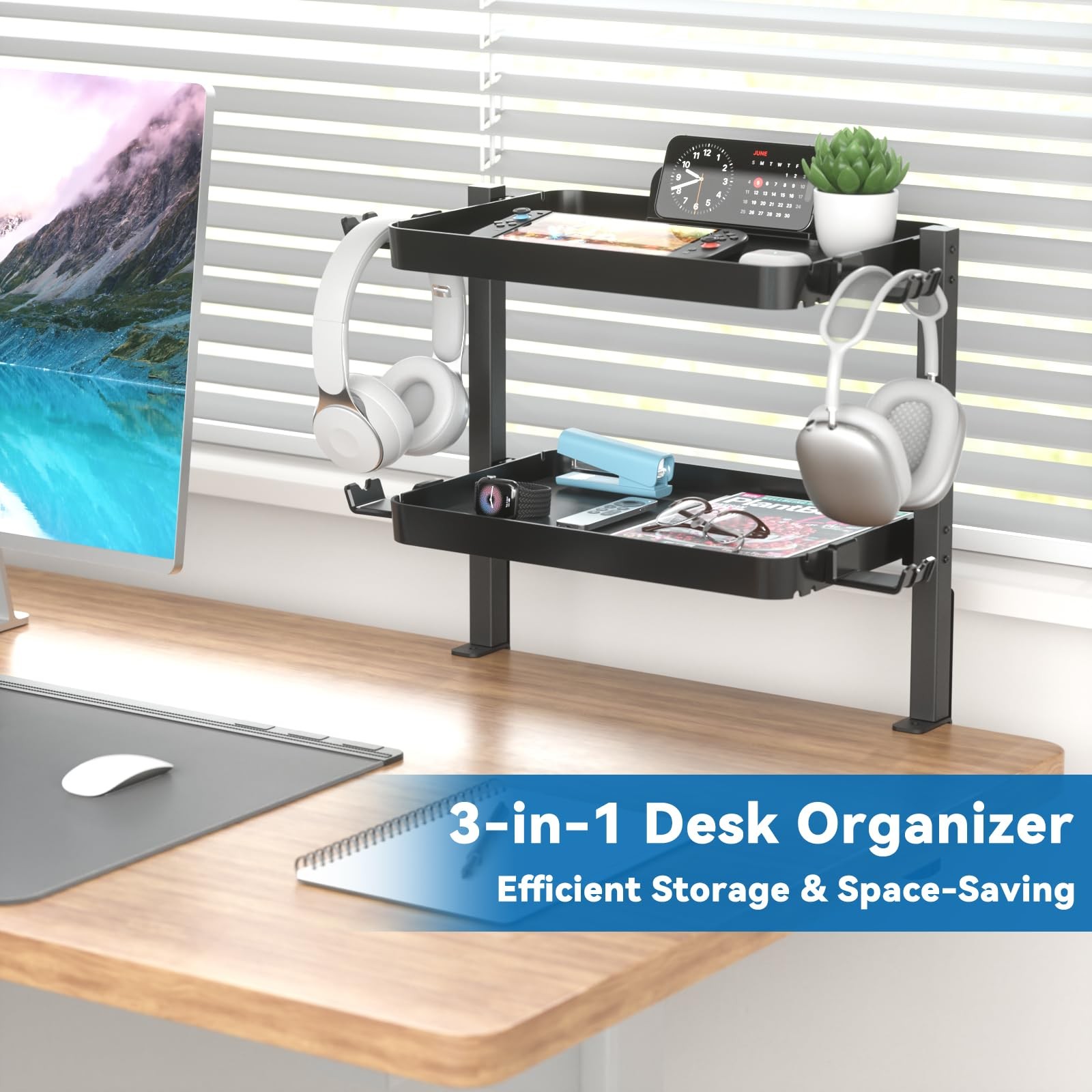 KDD Clamp On Desk Organizer – Adjustable 2-Tier Above or Under Large, Black