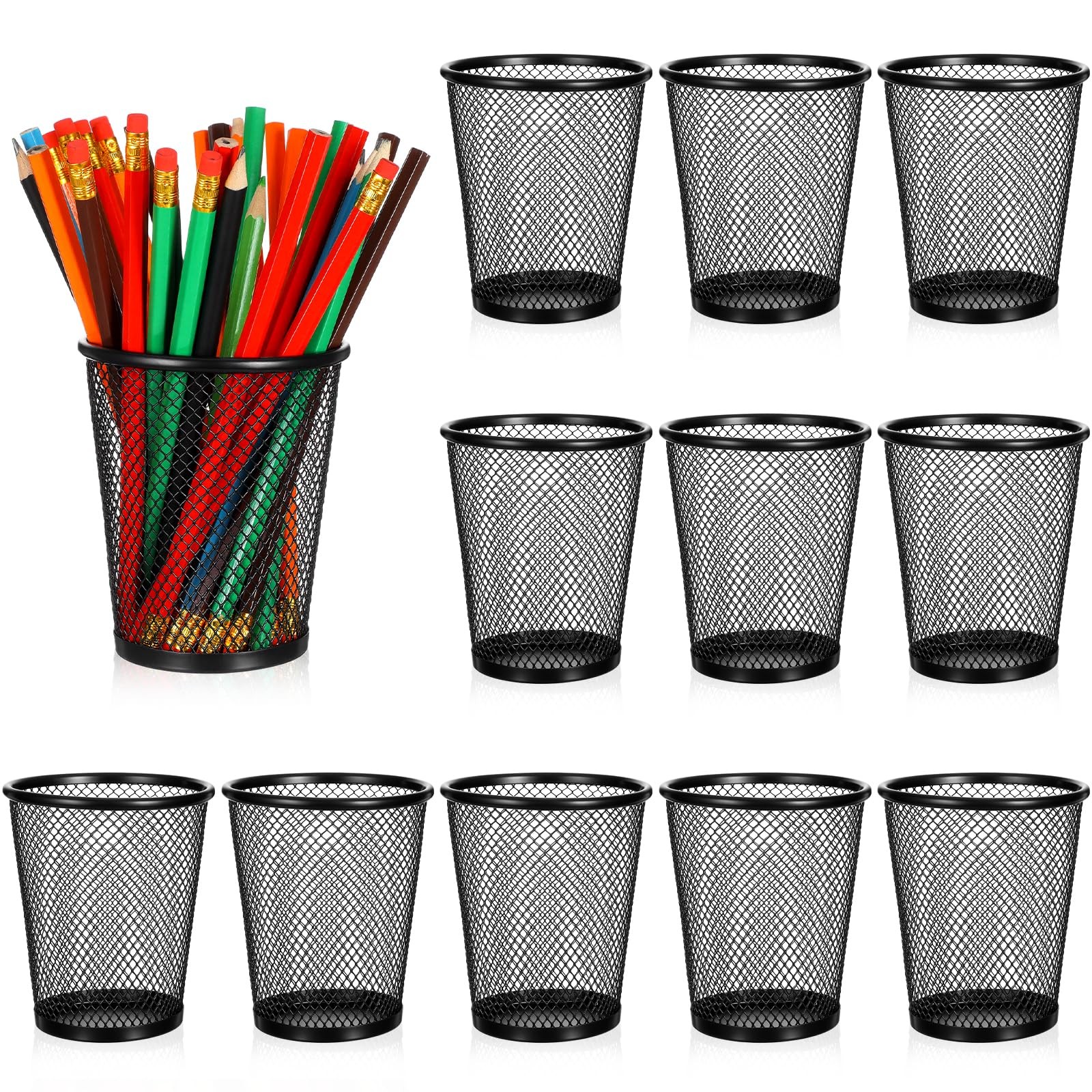 24 Pack Mesh Pencil Holder Wire Mesh Pen Cup, Black Pen Holder for Desk Metal…