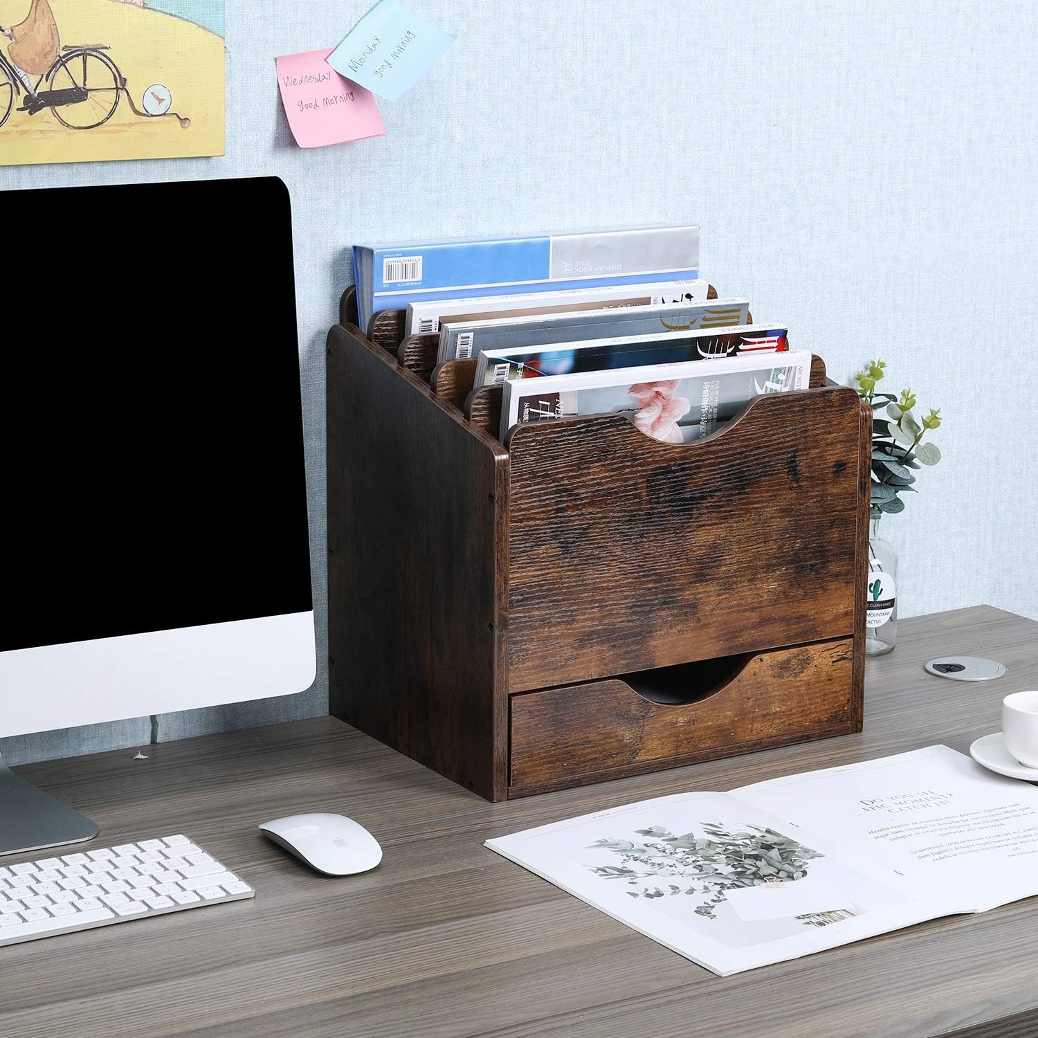 Wood Desktop File Holder Organizer Mail Sorter with Drawer, for File Folders, Ma