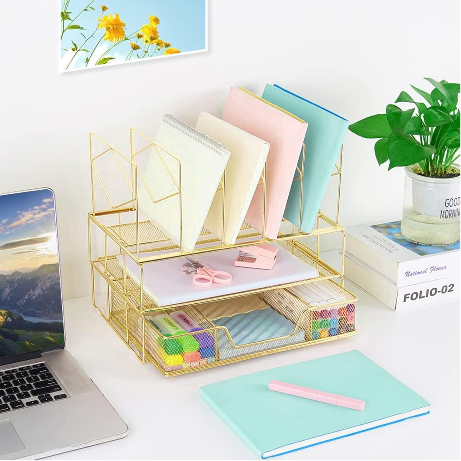 Mesh Desk Organizer with Sliding Drawer, Double Tray and 5 Upright Sections