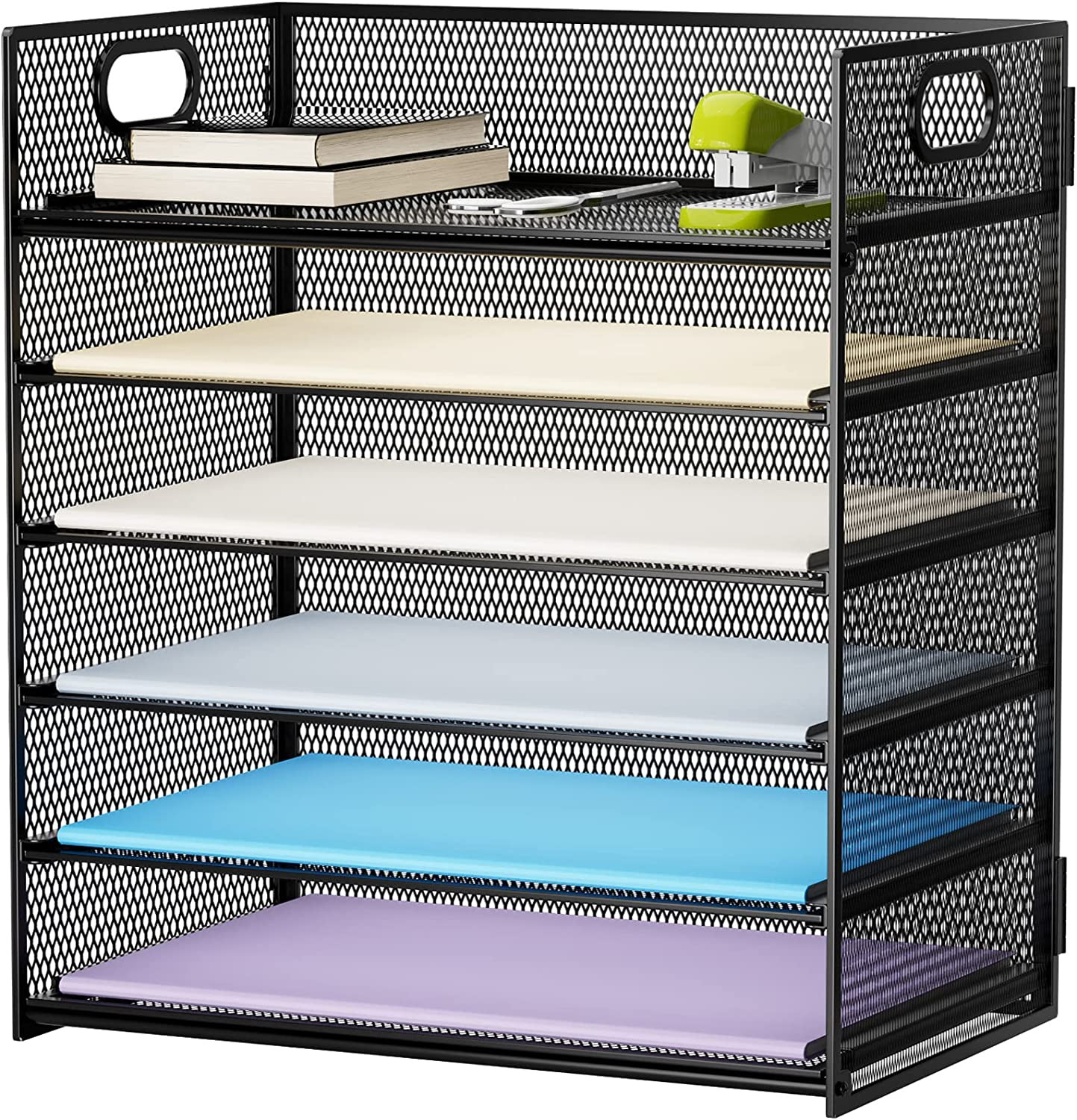 6 Tier Paper Organizer Letter Tray Mesh Desk File Sorter with Handle Black