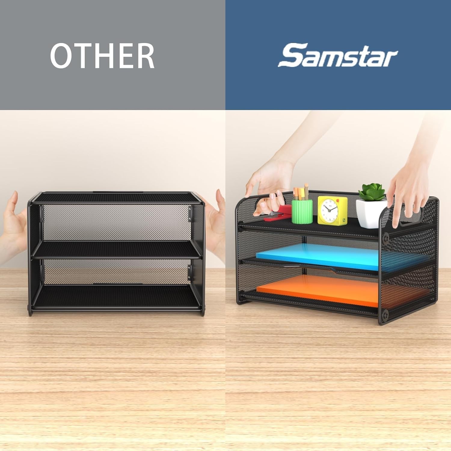 3 Tier Letter Tray Paper Organizer W/ Handle Mesh Desk Organizer Paper Sorter