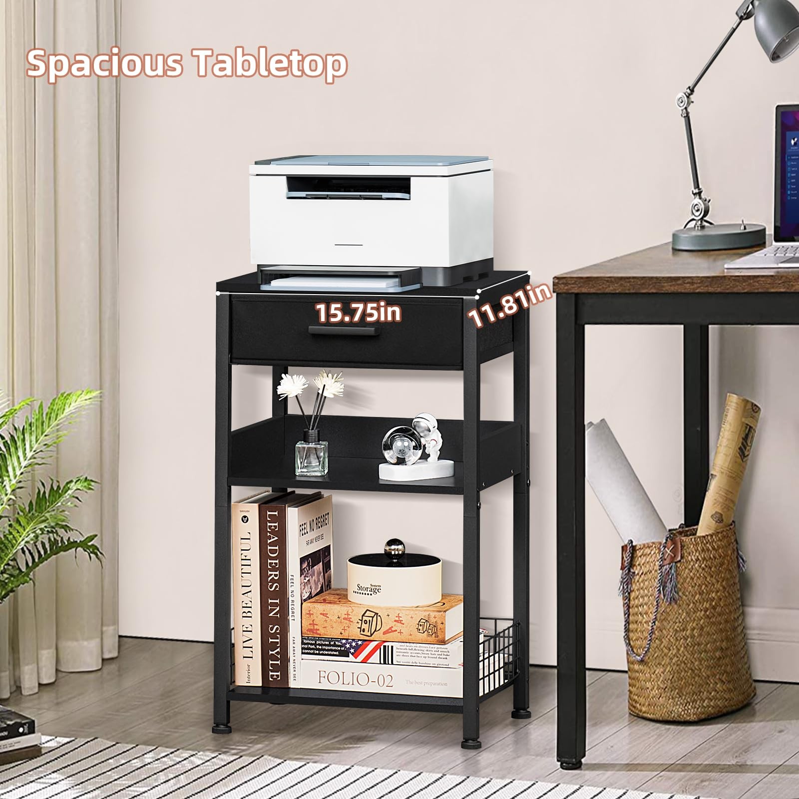 Lerliuo Pure Black Printer Table with Fabric Drawer,3 Tier 1 pack,