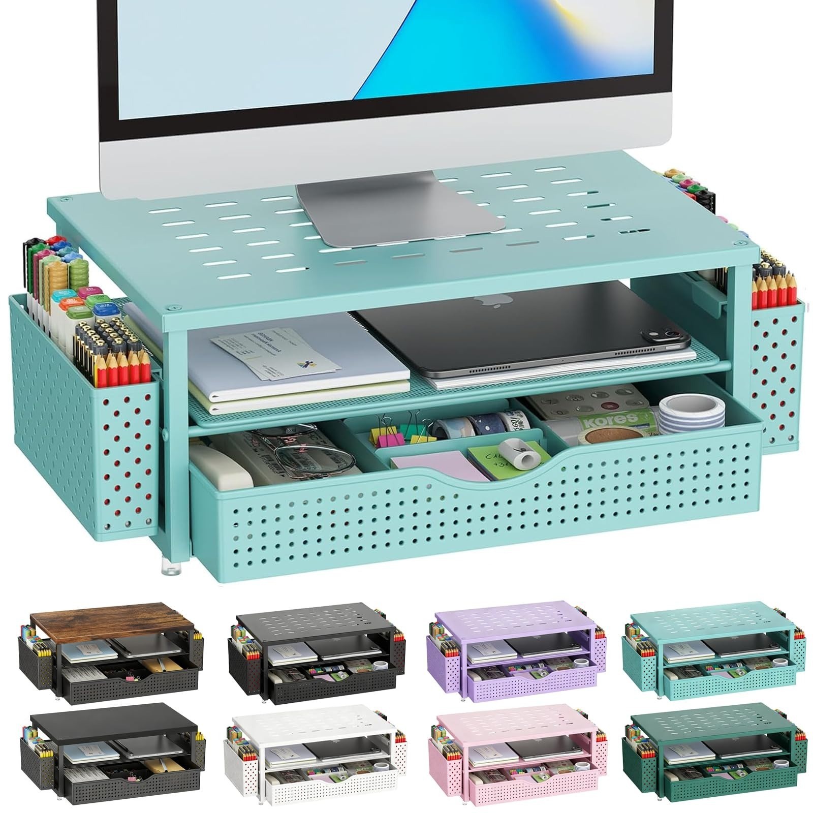 gianotter Desk Organizer with Drawer & Pen Holders – Black Monitor Stand