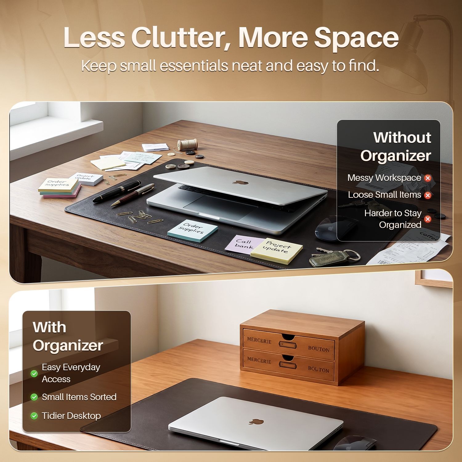 2-Tier Wooden Desktop Office Supplies Organizer Cabinet w/ 2 Storage Drawers Set