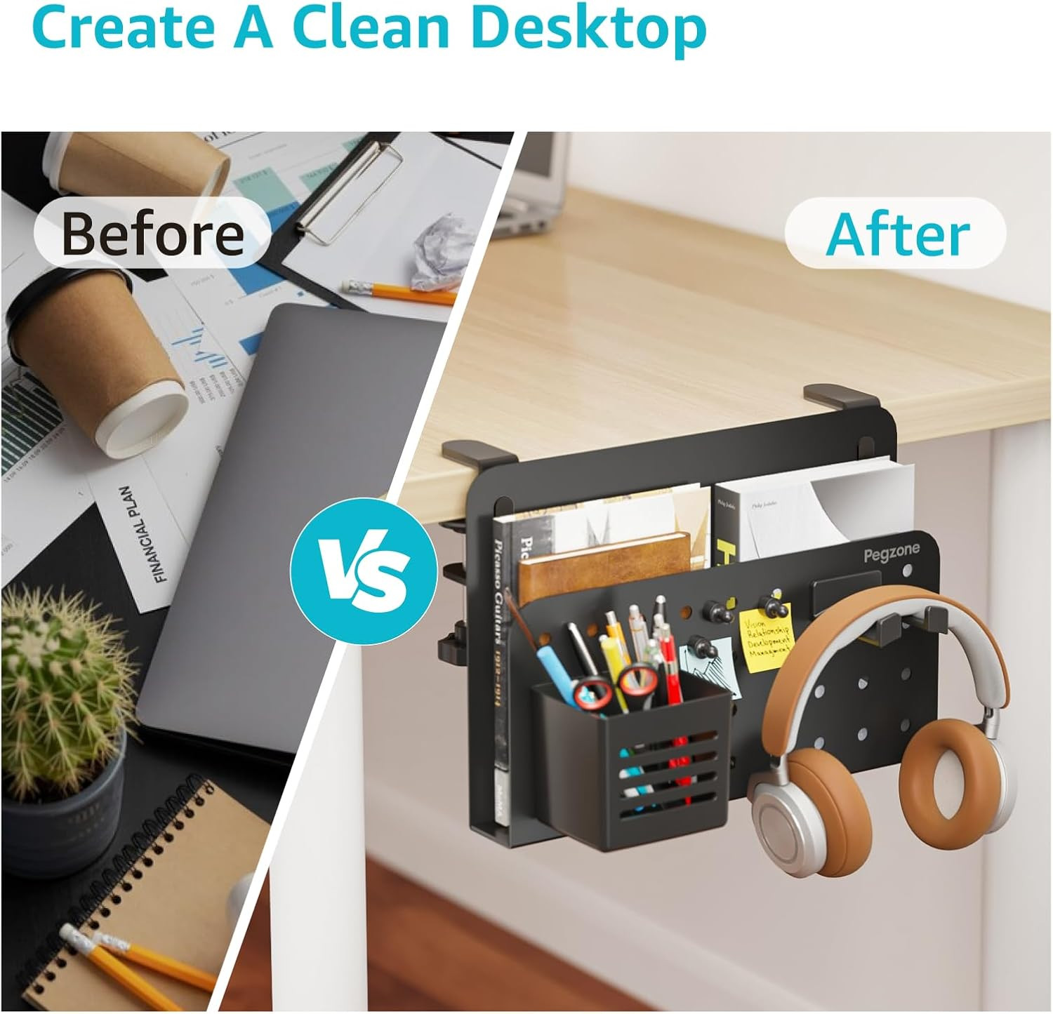 Desk Side Storage Organizer, No Drill under Desk Laptop Holder, Clamp on Desks S