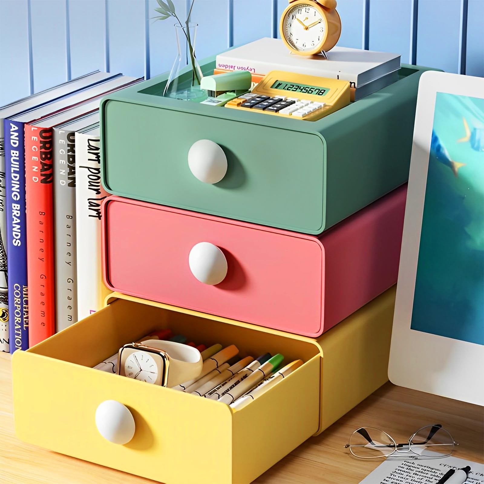 RETON 4 PCS Desktop Storage Drawers, 18.5cm x 20cm x 7.5cm, Multicolor