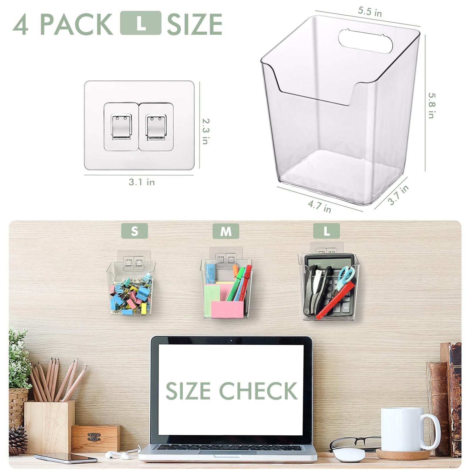 Clear Adhesive Wall Storage Bins, 4 Pack Cabinet Door Organizer Holders, Hang…