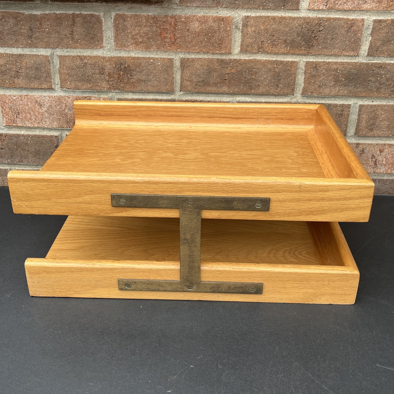 Vintage Peter Pepper Products Oak Double File Tray MCM Wood Desk